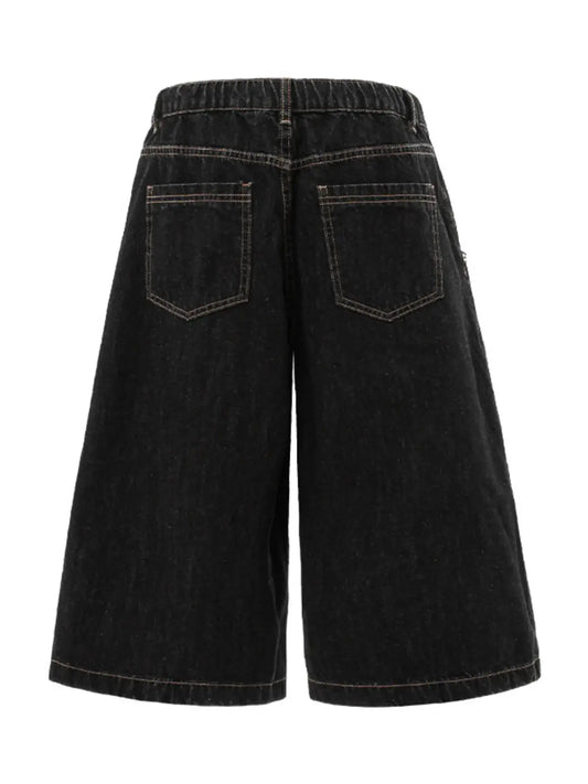 Casual men's wide-leg black cotton denim shorts; back pockets and contrast stitching, Trendsi