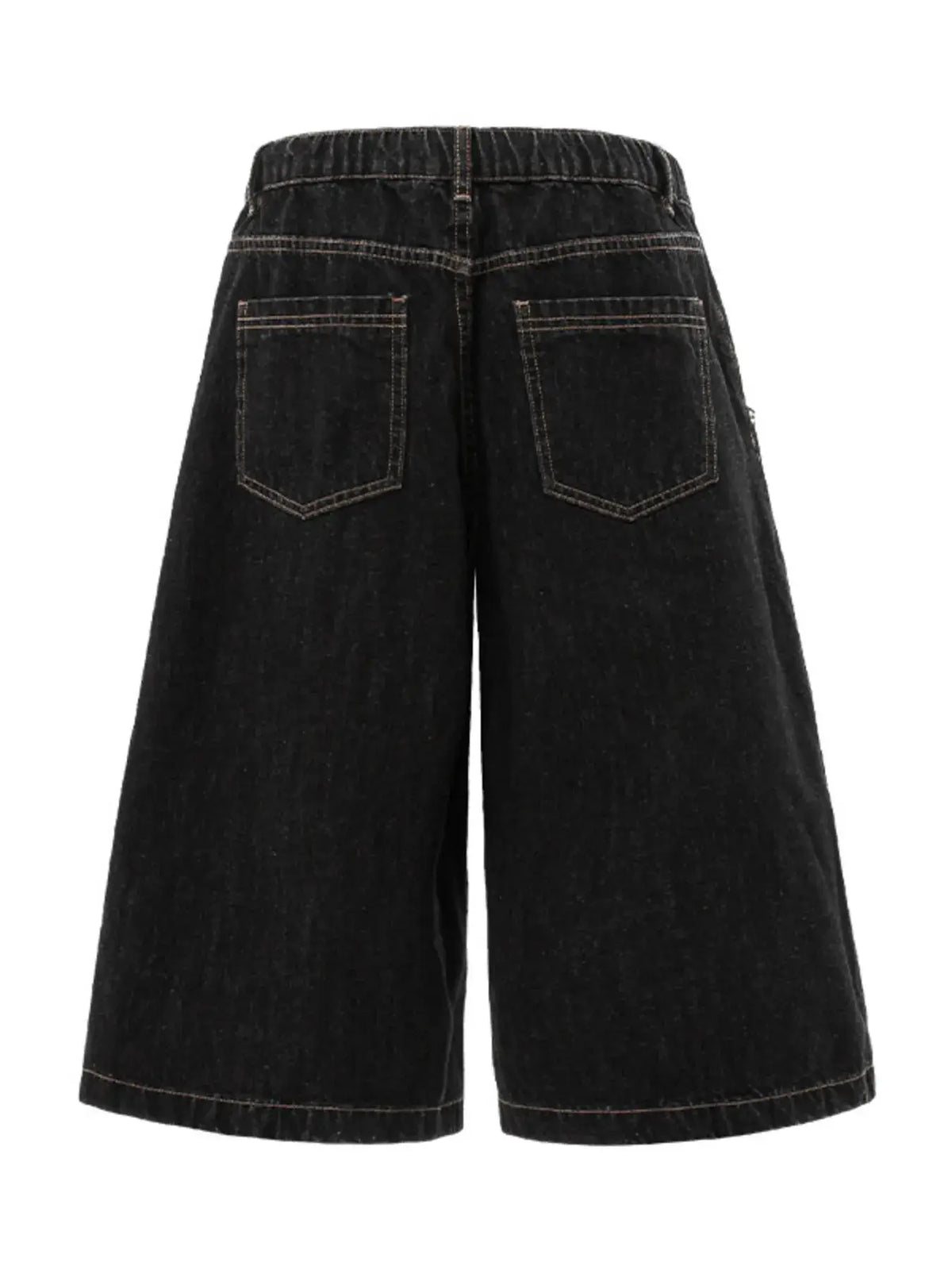 Casual men's wide-leg black cotton denim shorts; back pockets and contrast stitching, Trendsi