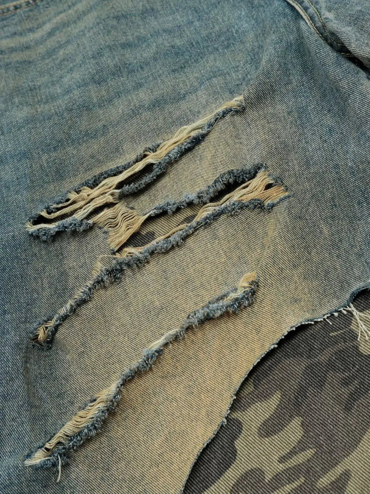 Men's Distressed Camo Patchwork Denim Shorts, relaxed fit, blue denim by Trendsi