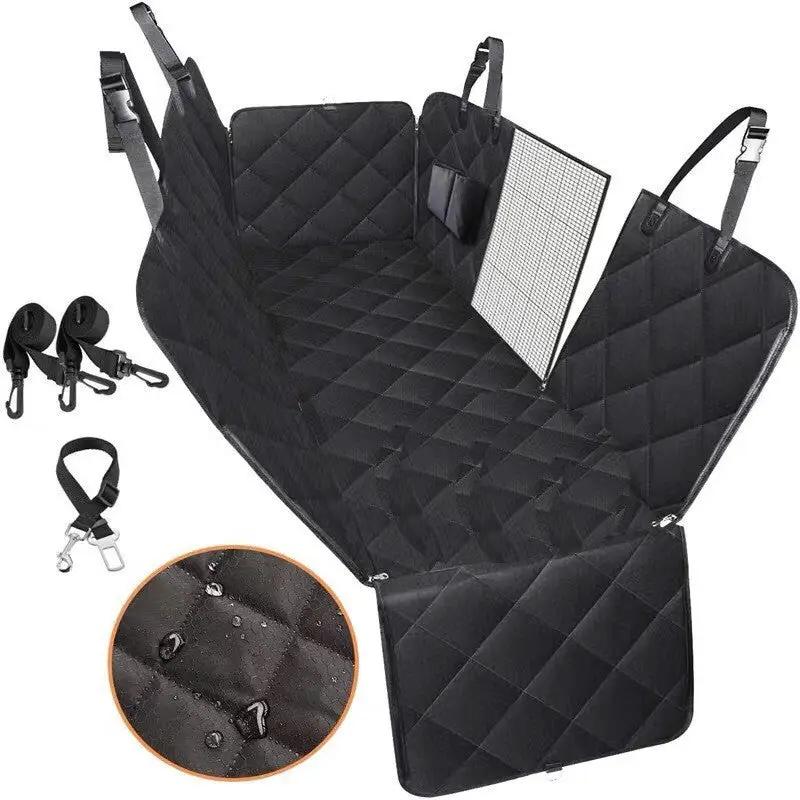 AdTec dog car seat cover hammock for rear seat in black quilted water-resistant fabric with mesh view window and pockets