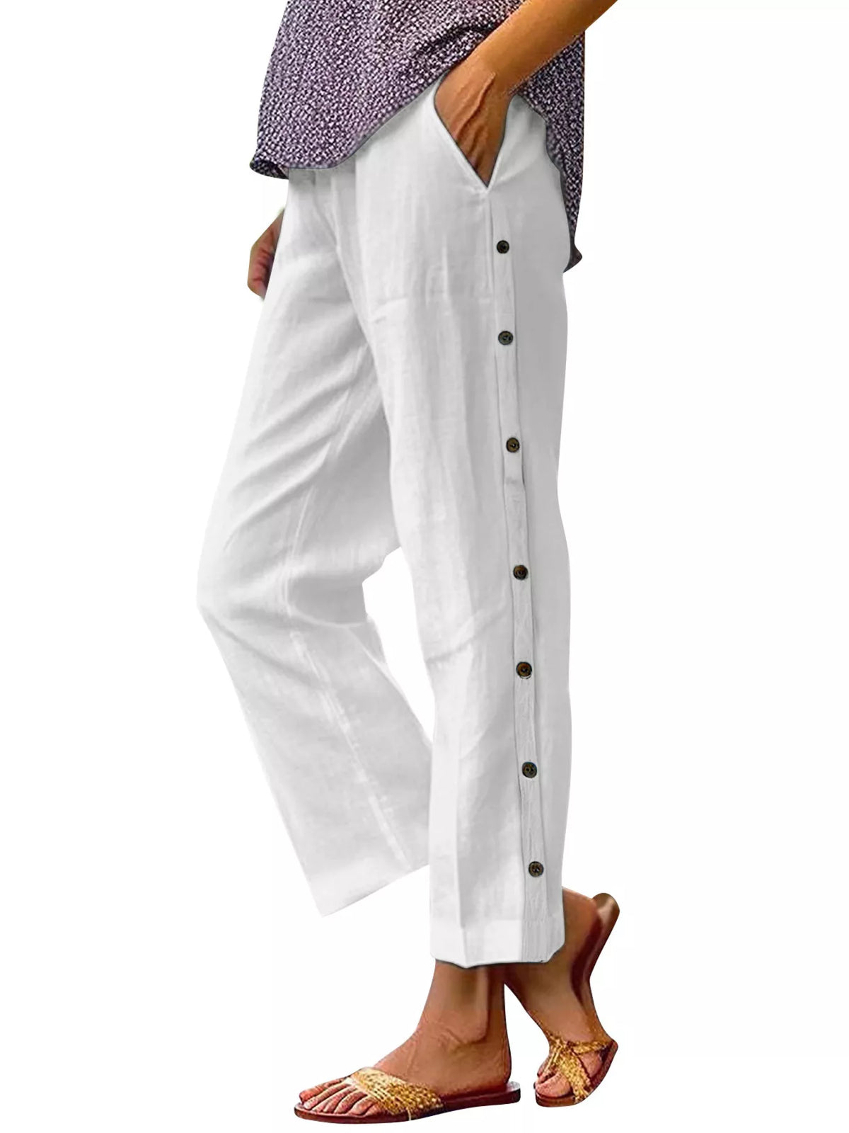 Full Size Side Button Decor Pants by Trendsi, plus-size white pocketed trousers