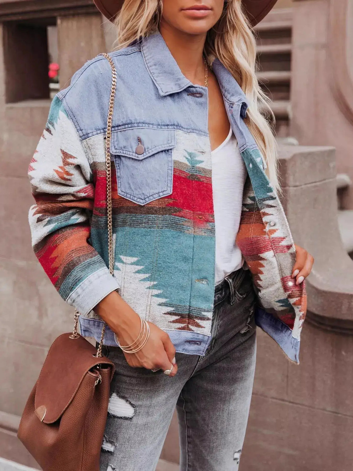 Geometric print denim jacket with button front and chest pockets in light-wash denim