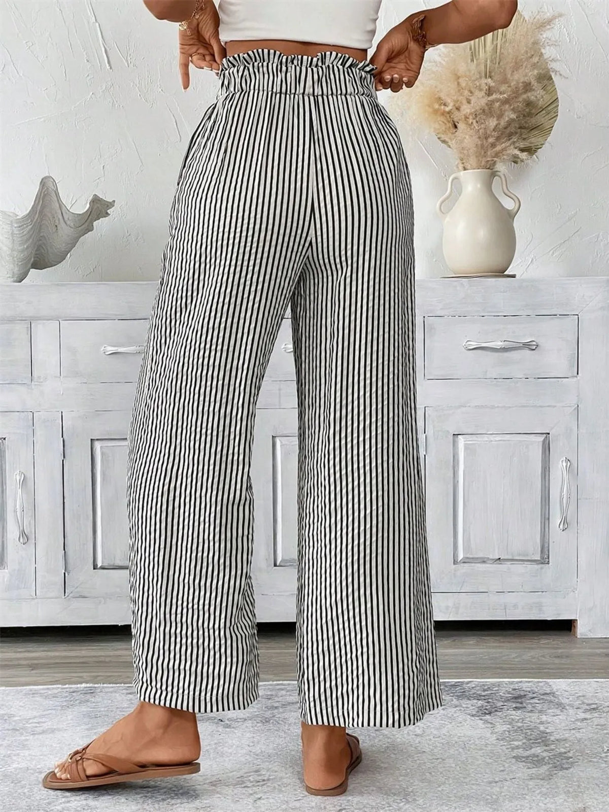 Palazzo pants Trendsi black-and-white striped wide-leg paper bag pants, plus size with pockets and tied waist