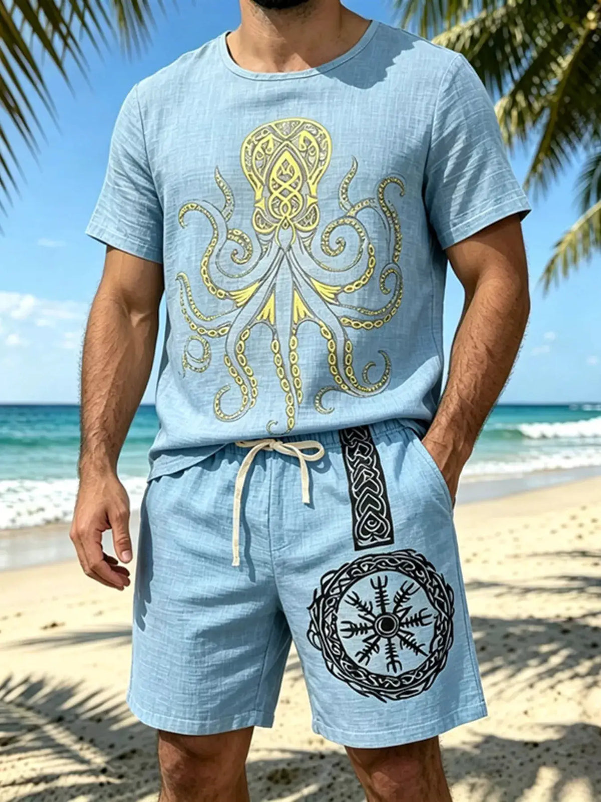 Mens plus size two-piece loungewear set: light blue tee with yellow octopus graphic and matching drawstring shorts.