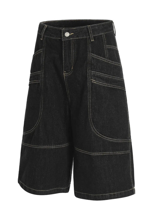 Mens wide-leg cotton denim shorts in black with contrast stitching and front pockets