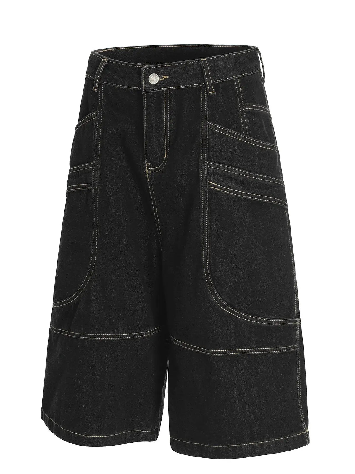 Mens wide-leg cotton denim shorts in black with contrast stitching and front pockets