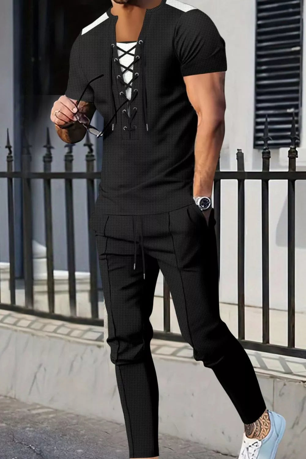 Men's 2-piece full-size lace-up short-sleeve top and pants casual set, plus size, black