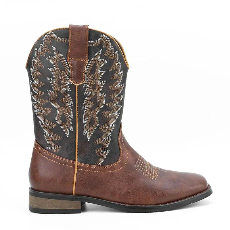 Maverick Men Mid Calf Western Boots With Wedge Heel by AdTec; brown leather foot, black shaft with white zigzag stitching, pull-on design