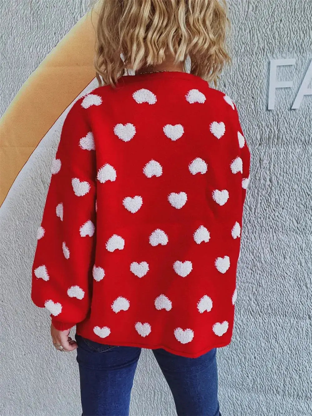 Cozy Heart Button Front Long Sleeve Stretch Knit Cardigan in red with white textured heart pattern