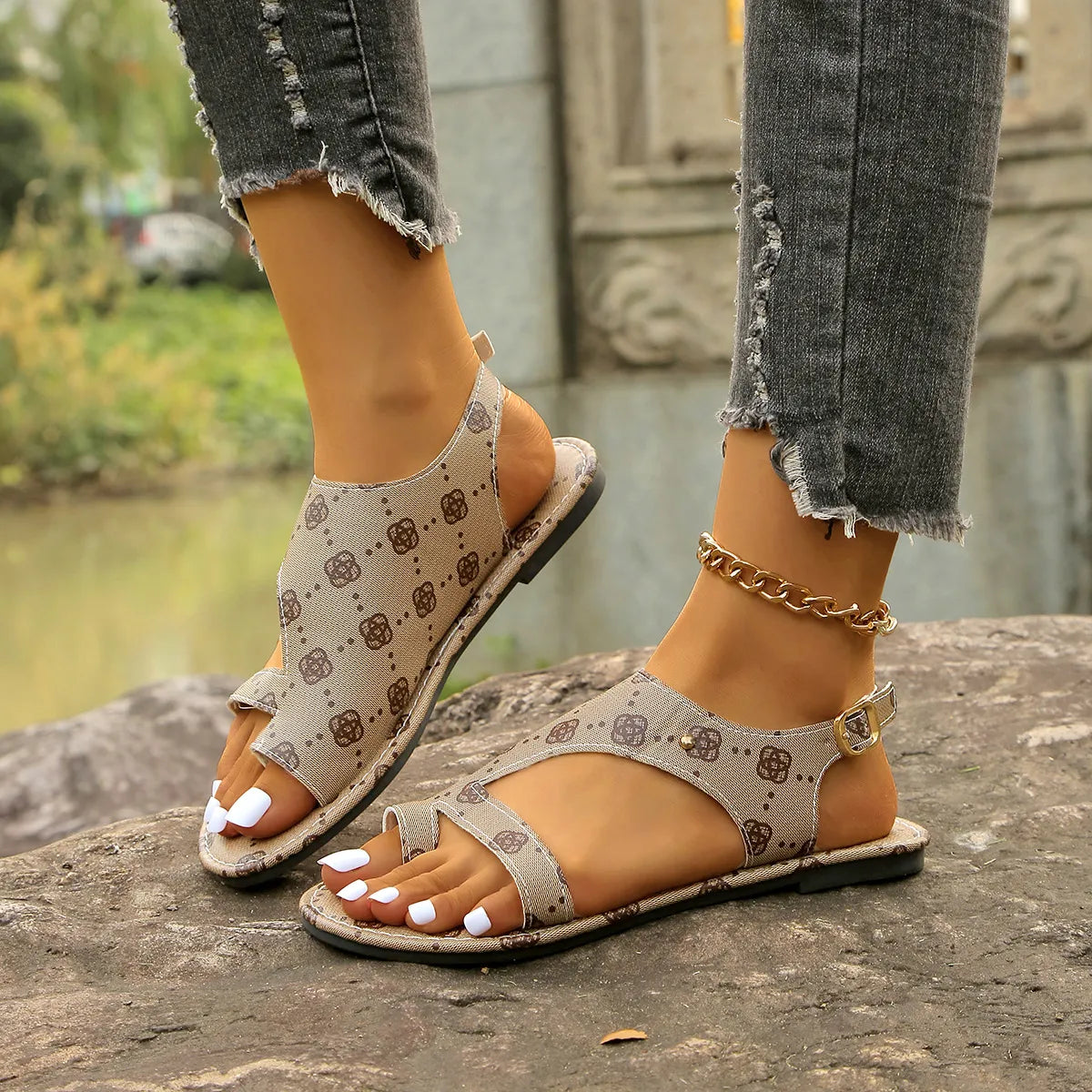 Toe Loop Flats Sandals by Trendsi; beige patterned fabric with ankle buckle strap