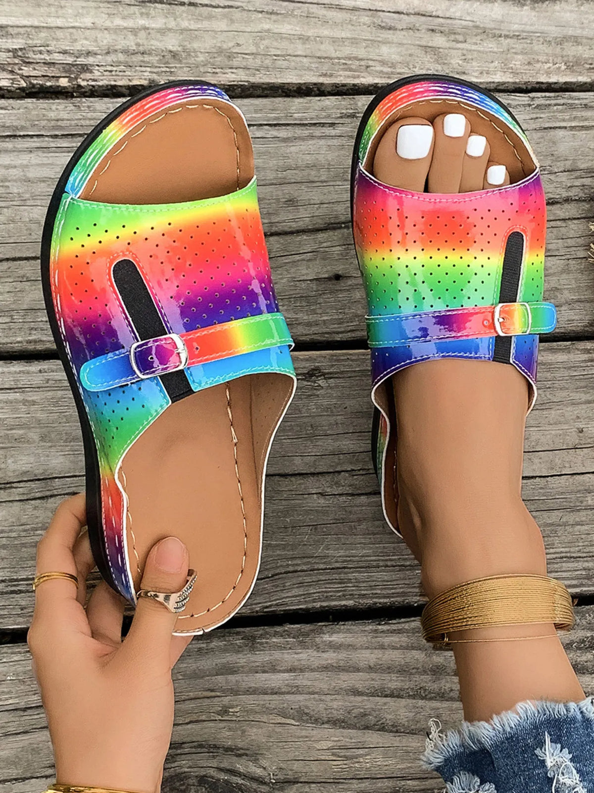 Casual Comfort Buckle Strap Sandals, rainbow gradient color, pair, by Trendsi
