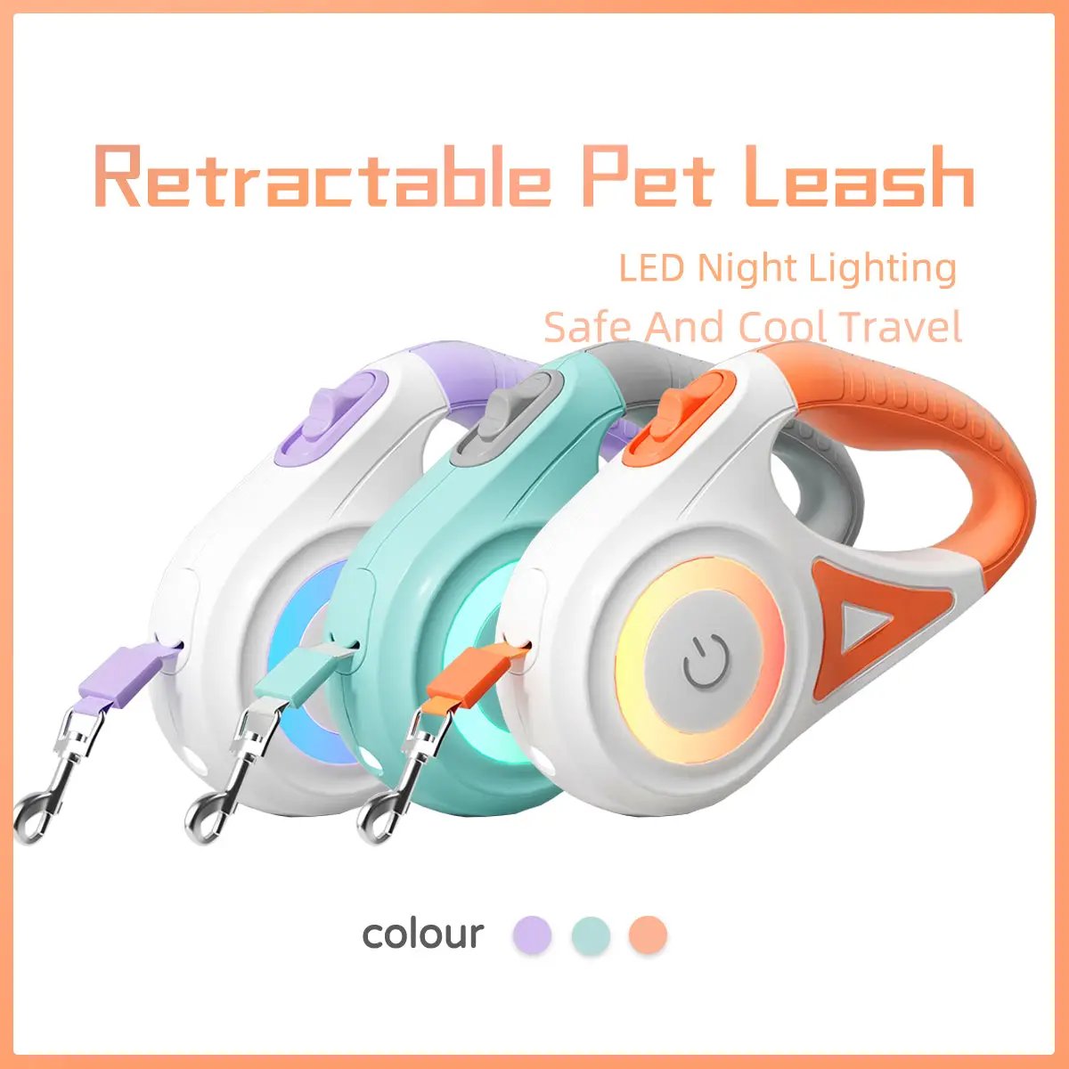 Retractable dog leash set with LED night lighting; four color-handled leashes (orange, teal, purple, white).