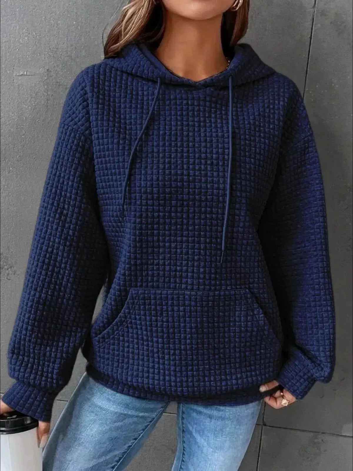 Full-Size Textured Kangaroo Pocket Hoodie Plus Size in navy blue by Trendsi