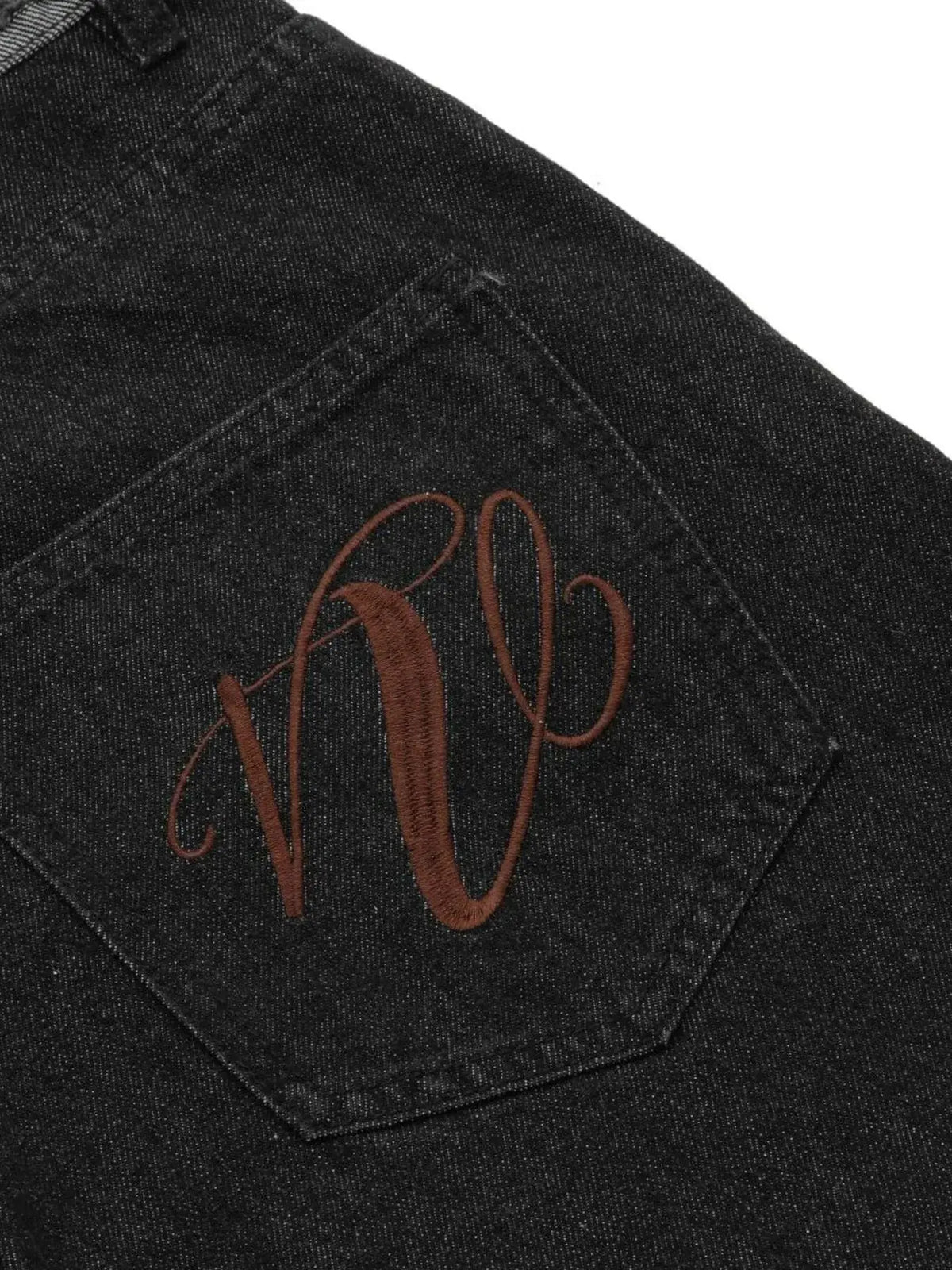 Men's denim shorts with slight stretch; dark denim back pocket with brown embroidered script