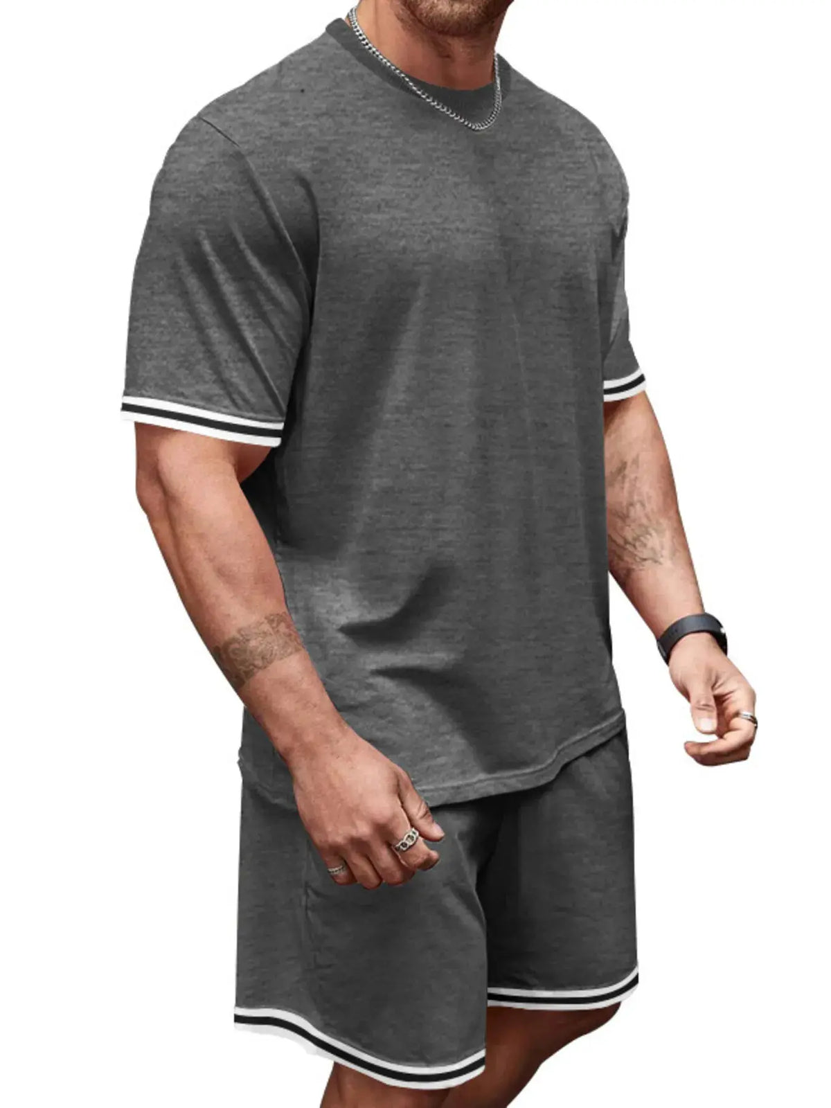 Men's gray two-piece summer set: short-sleeve tee and shorts with white/black striped trim by Trendsi
