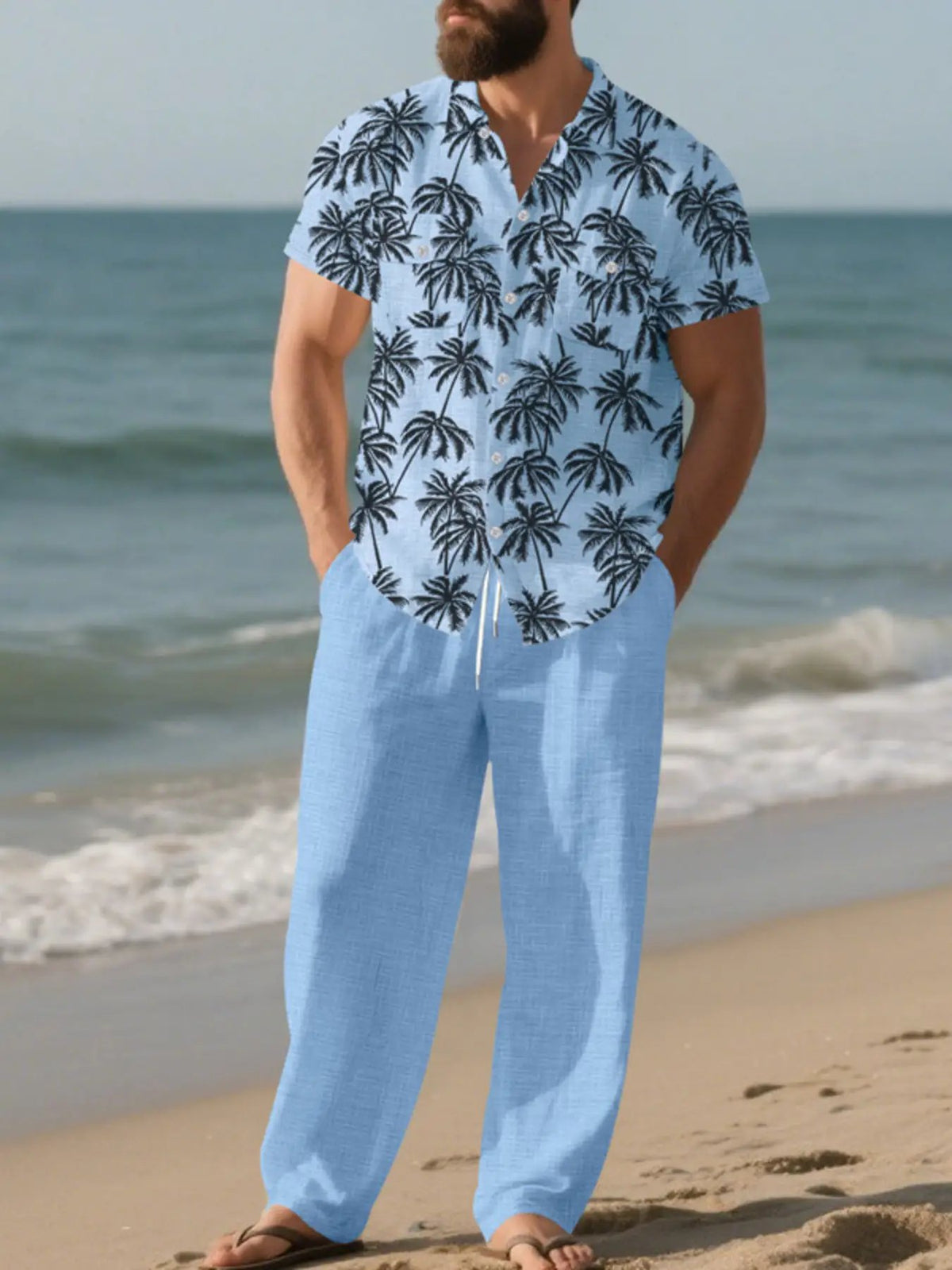 Men's plus-size tropical palm-print shirt and pants set; light-blue, two-piece beachwear ensemble