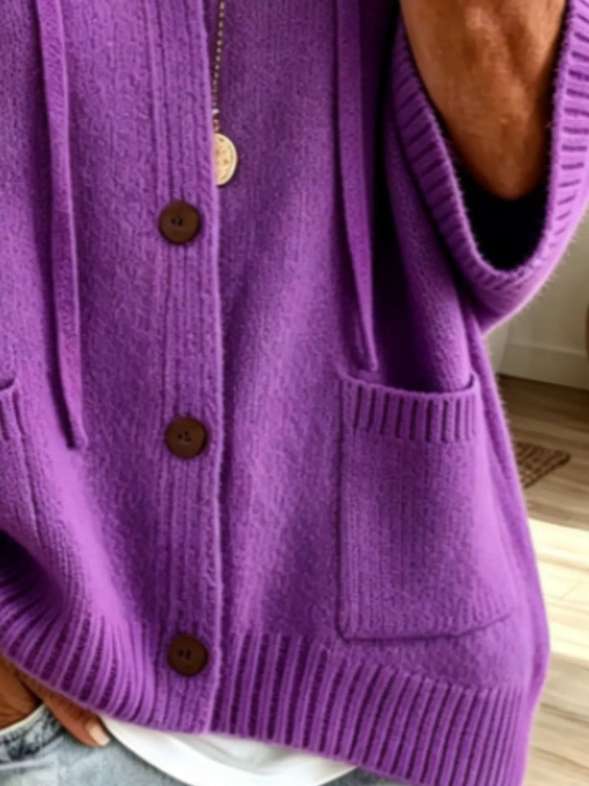 Full Size Casual Hooded Button-Down Knit Cardigan in purple with brown buttons and front pockets.