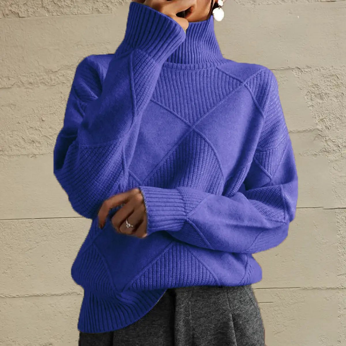 Geometric diamond-knit turtleneck sweater by Trendsi in royal purple; long sleeves.