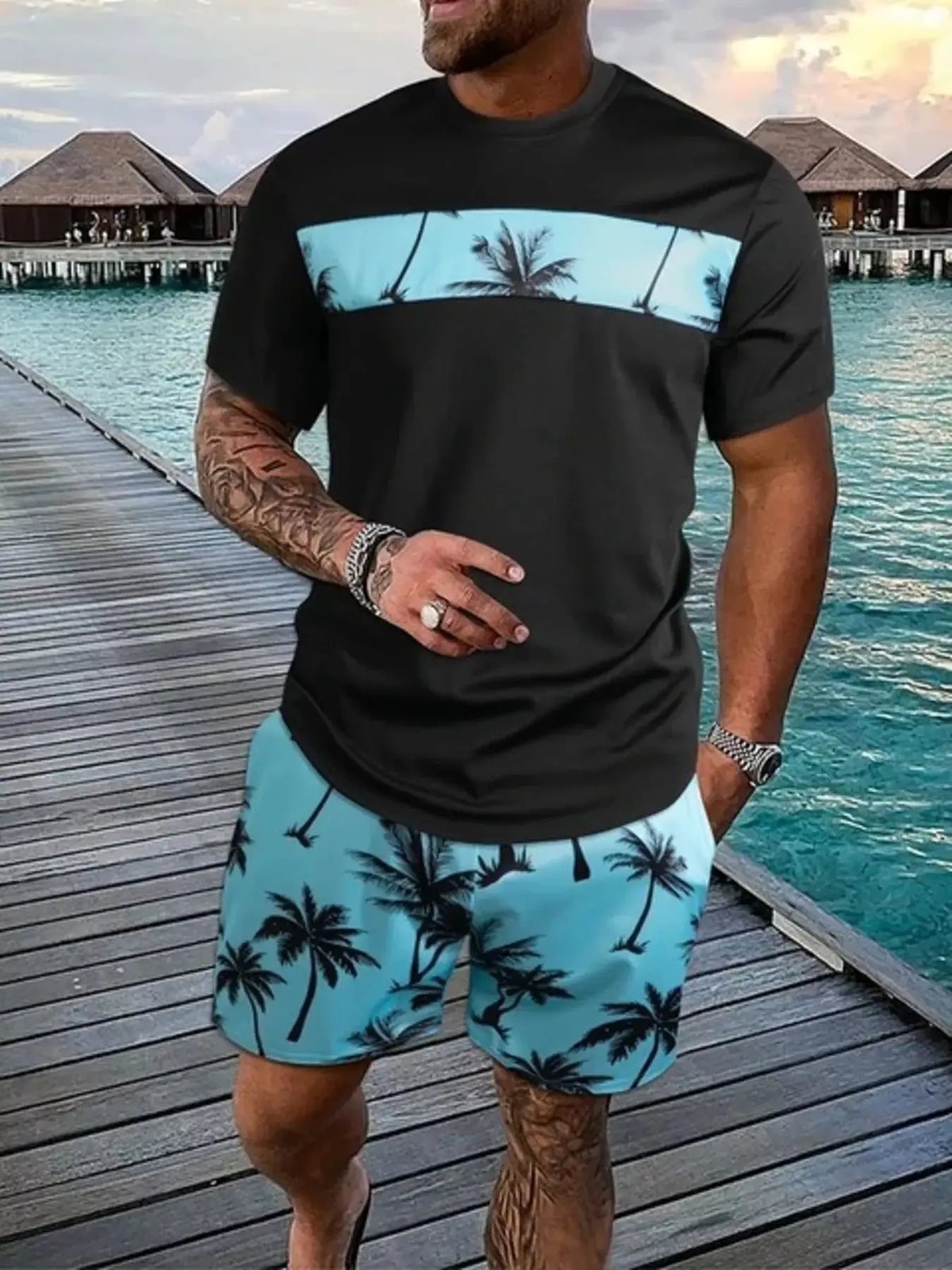 Mens tropical palm-tree tee and shorts set; black tee with aqua palm stripe and turquoise palm-print shorts (2-piece)