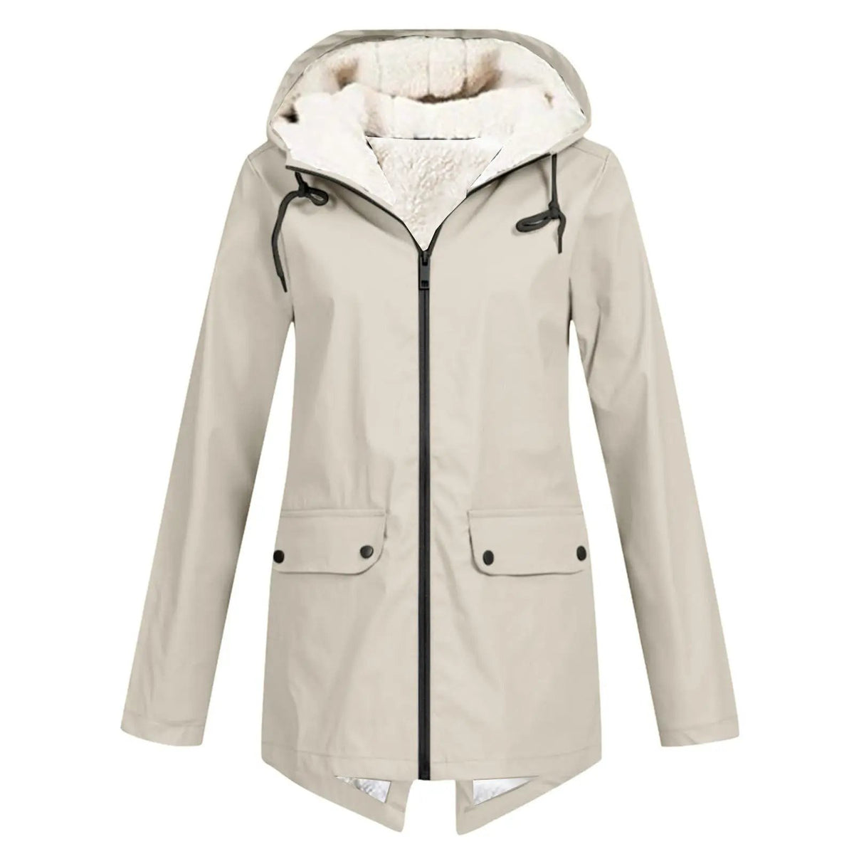 Unisex beige hooded parka with velvet-lined insulation, windproof, front zip and flap pockets.