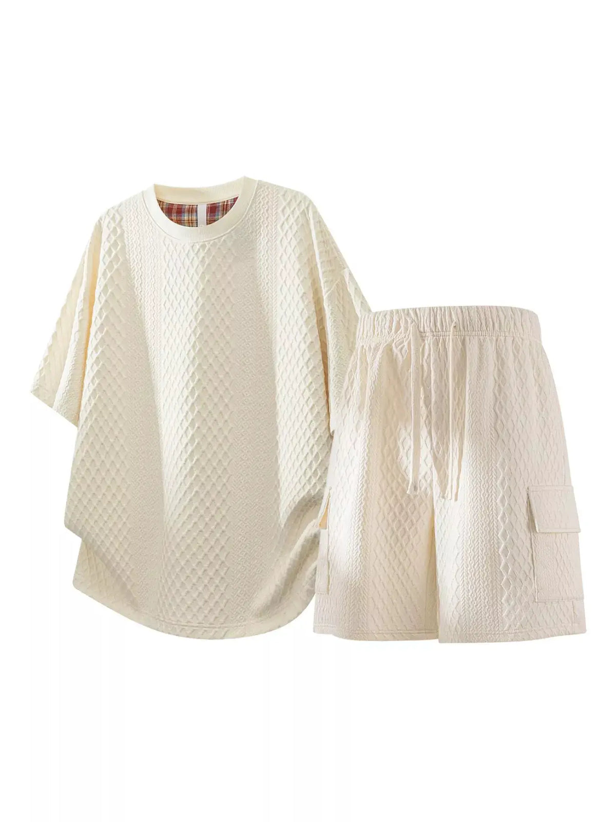 Plus Size Mens Waffle Knit Two-Piece Top and Shorts Set in cream with drawstring shorts, Trendsi