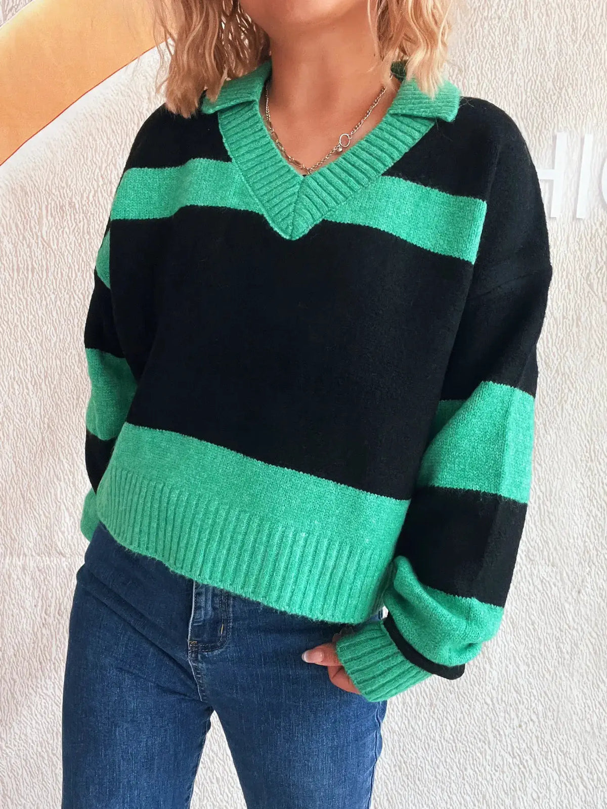 Color Block Long Sleeve Sweater with green and black stripes, soft stretch polyester blend