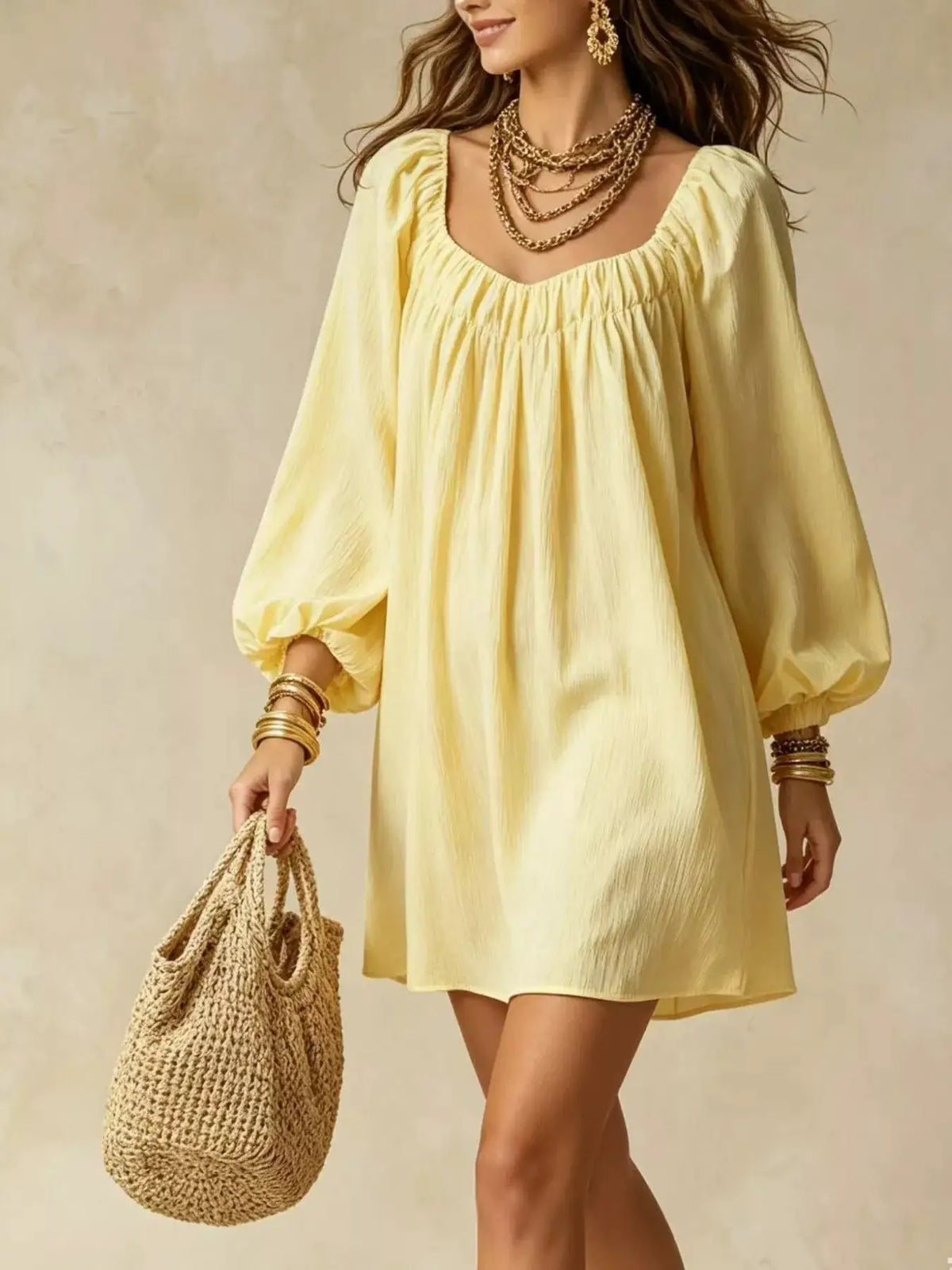 Flowy Balloon Sleeve Mini Dress in pale yellow with gathered neckline; woven straw bag