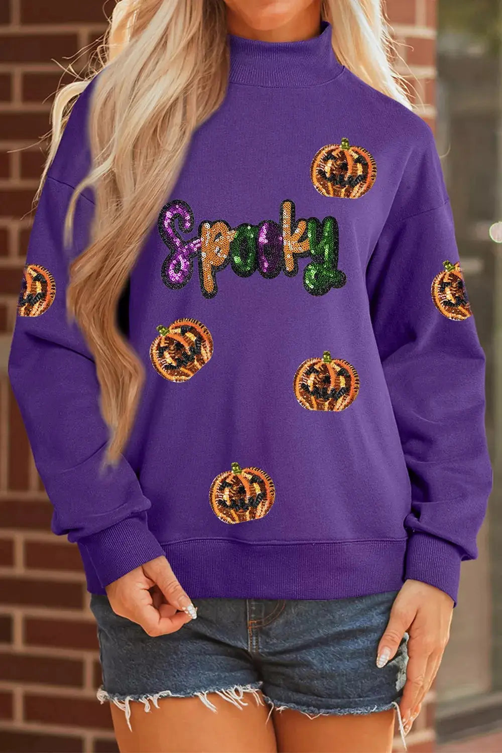 Sequin Pumpkin Spooky Halloween Sweatshirt, purple with orange pumpkin sequin motifs