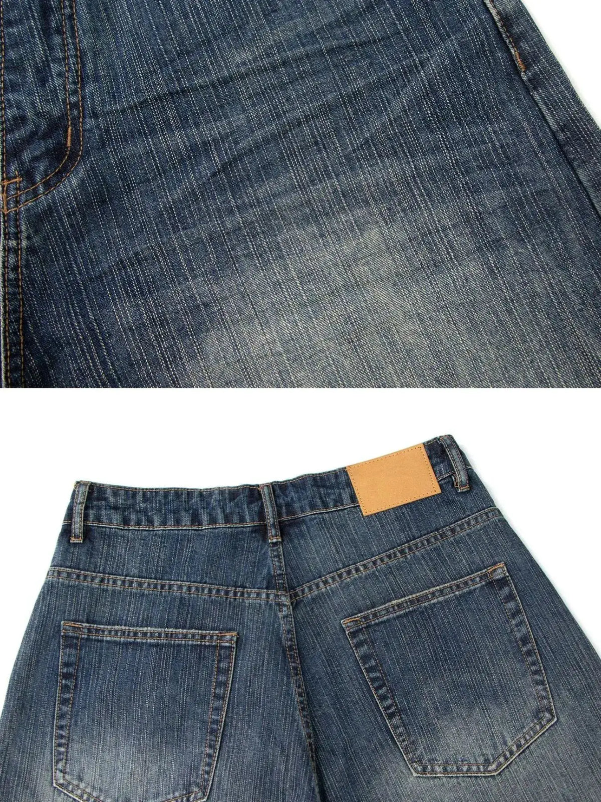 Men's wide-leg denim shorts in soft washed fabric; back pockets and tan waistband patch.