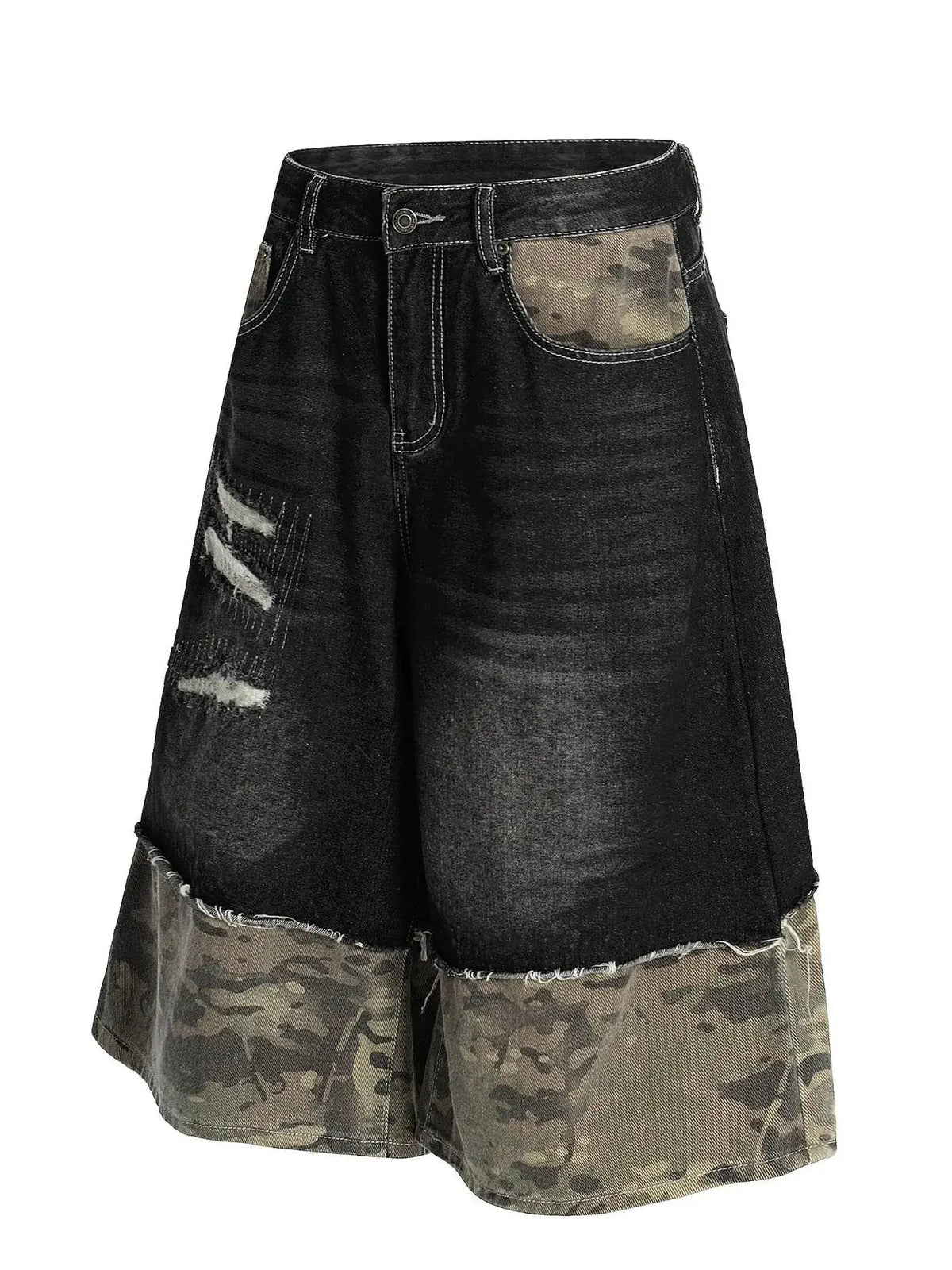 Mens distressed denim shorts with camo panel, cotton stretch by Trendsi