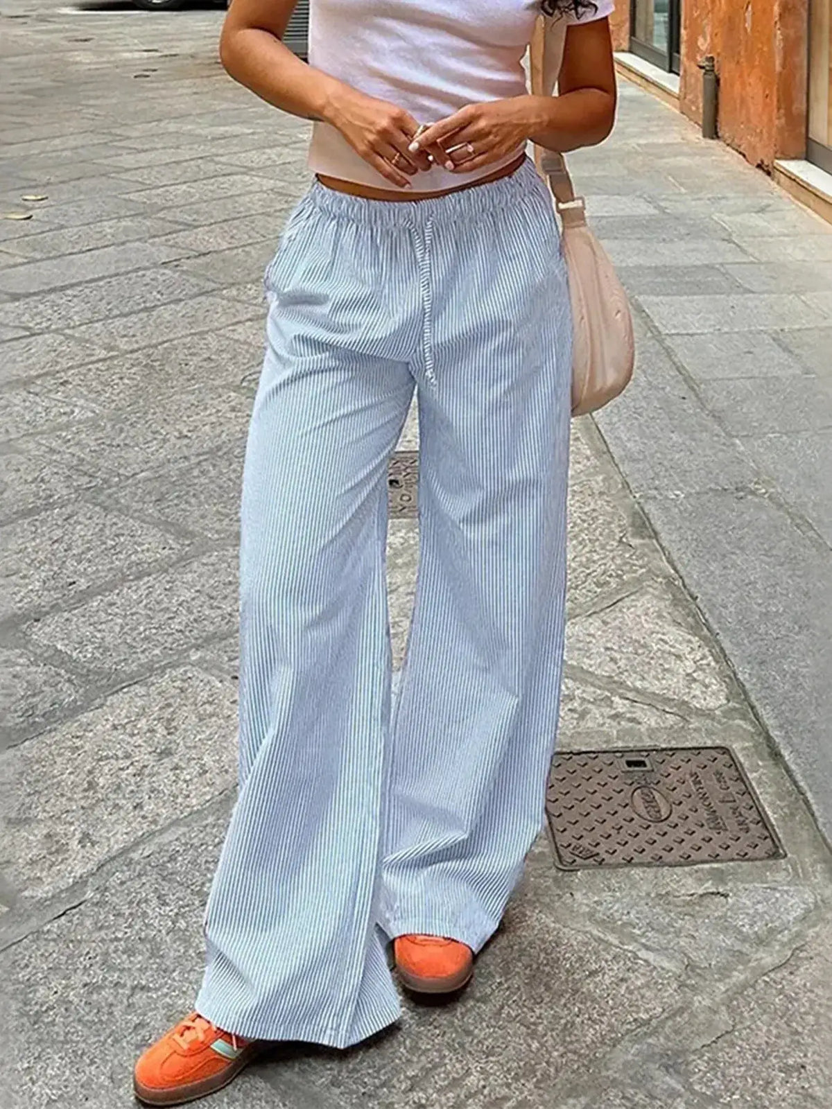 Striped drawstring wide-leg pants, light blue/white pinstripes, Trendsi Palazzo pants