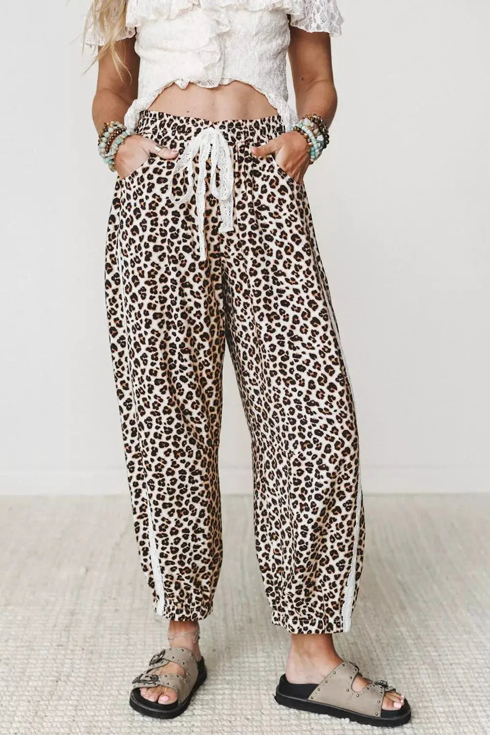 Trendsi leopard print ankle-length pants with elastic waist, drawstring, and side pockets