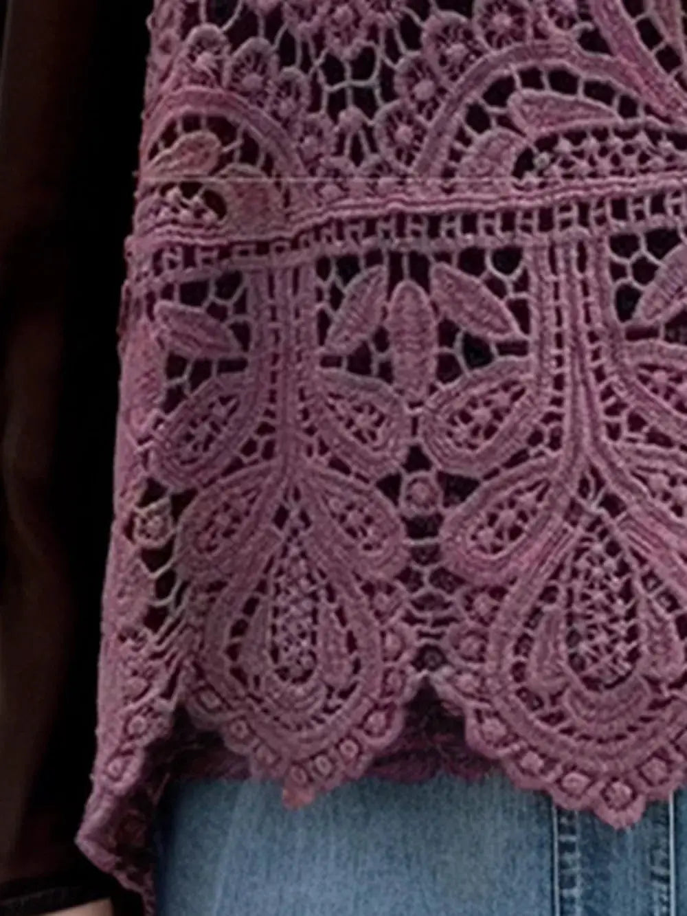 Lightweight pink cotton sleeveless cover-up with scoop neck featuring intricate lace cutouts and scalloped hem detailing