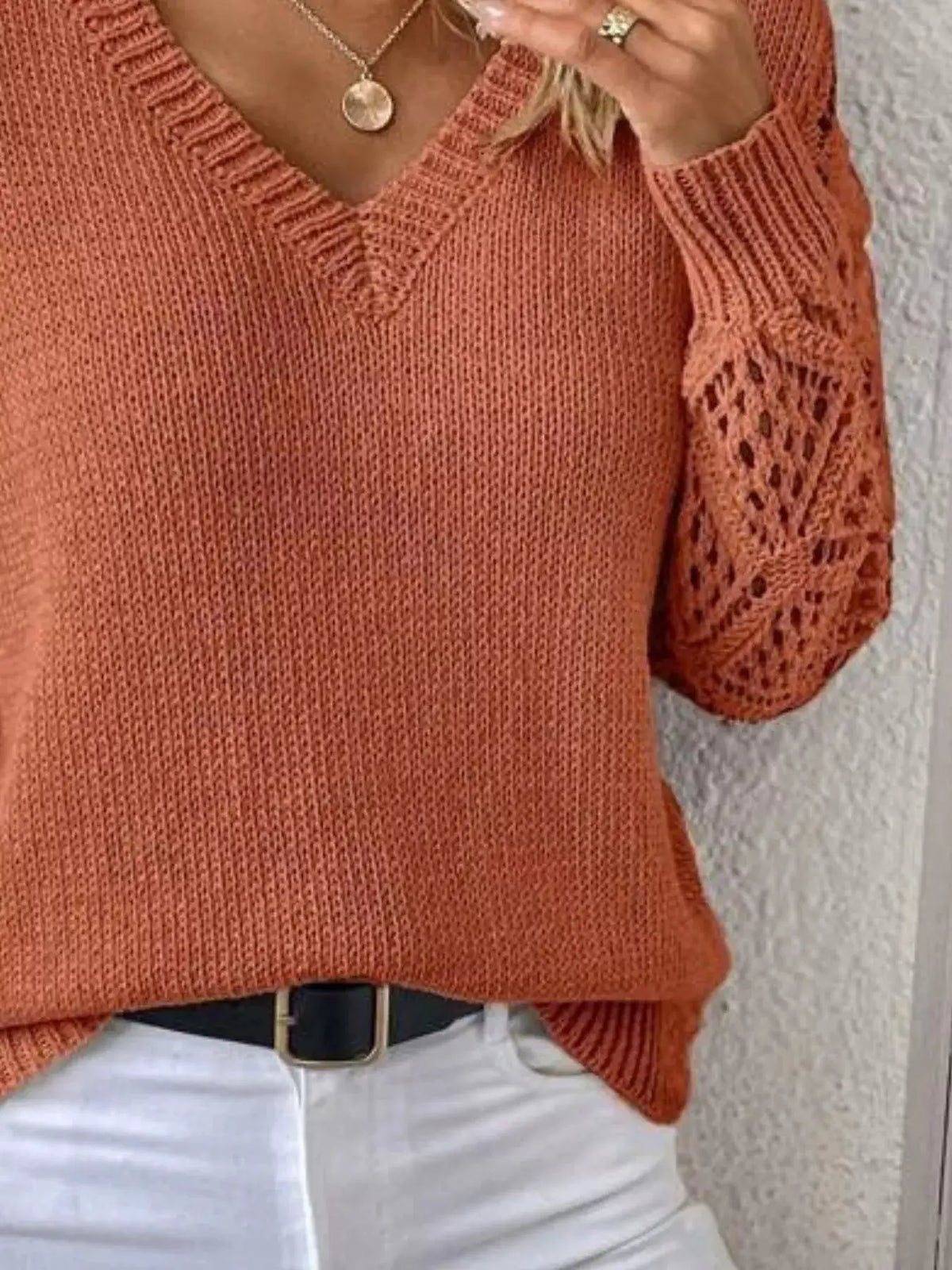 Womens V-neck hollow-out sleeve knit sweater in rust orange, soft polyester, fitted