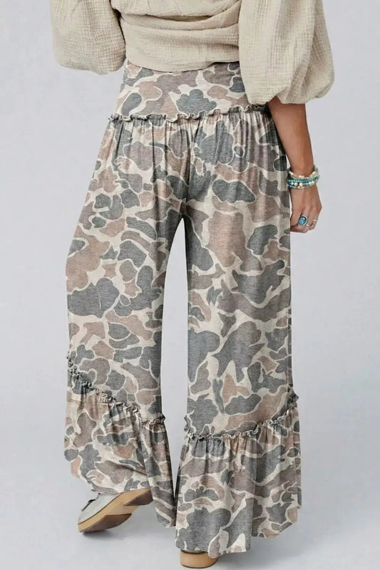 Camo Print Ruffle-Hem Wide-Leg Pants by Trendsi, camouflage pattern with ruffle hems