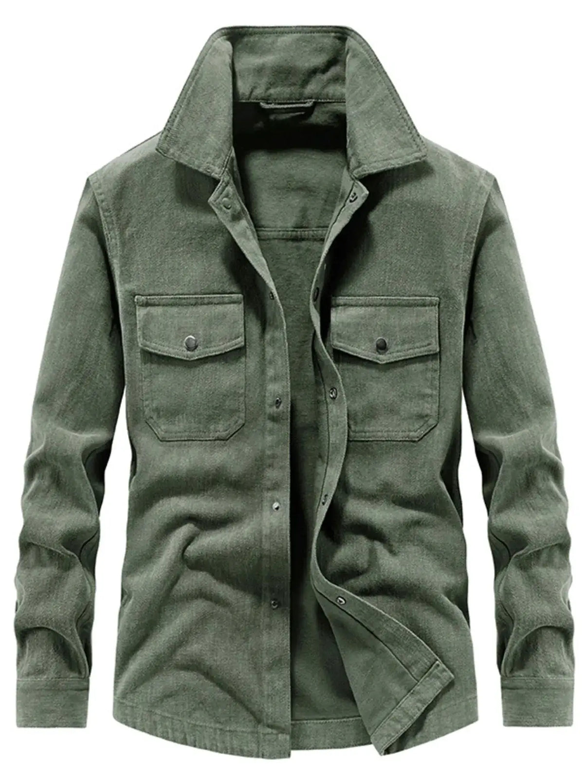 Men's Plus Size Dual Chest Pockets Shacket in olive green with snap-front closures