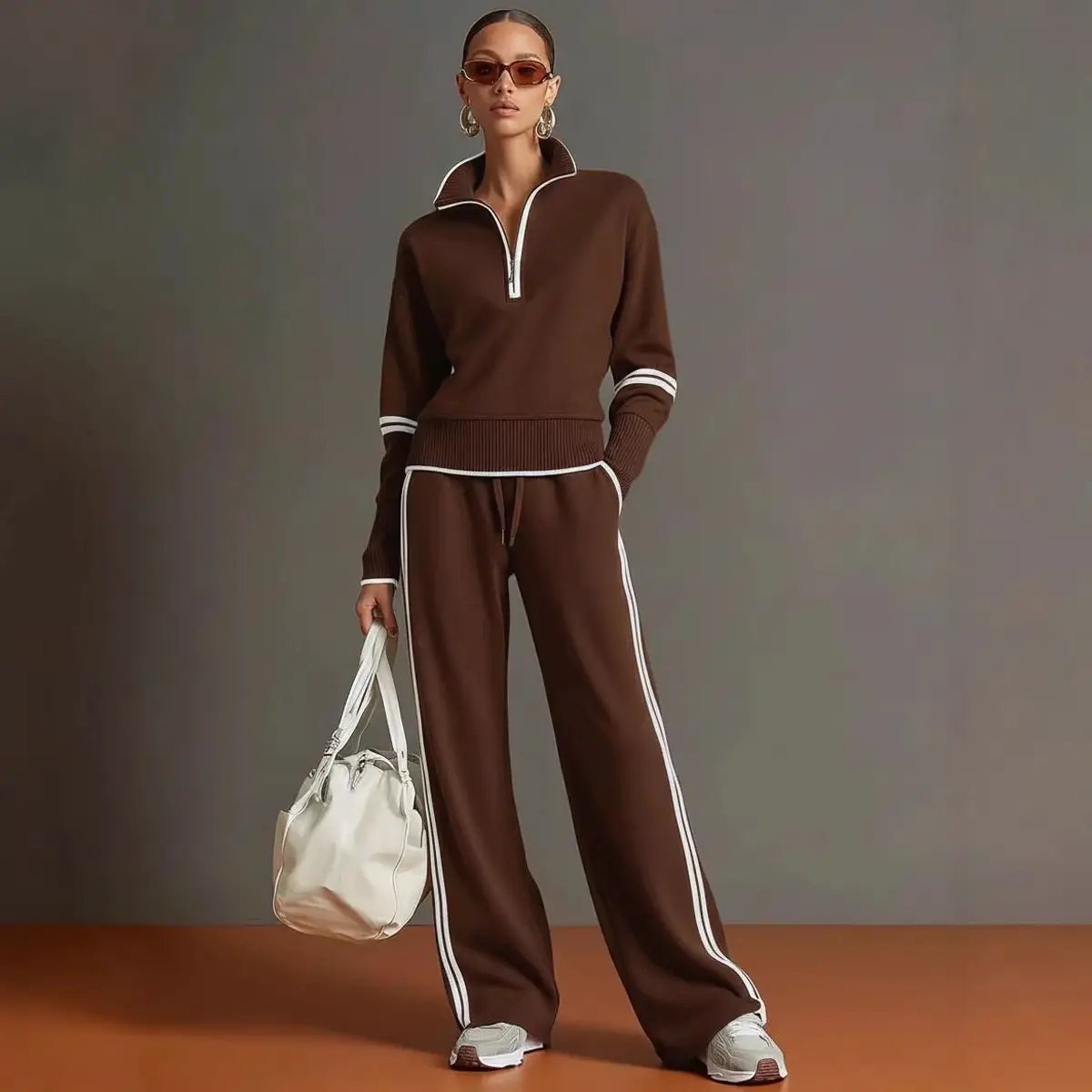 Women’s two-piece AdTec active cotton set in brown with white piping; top and pants with white side stripes.