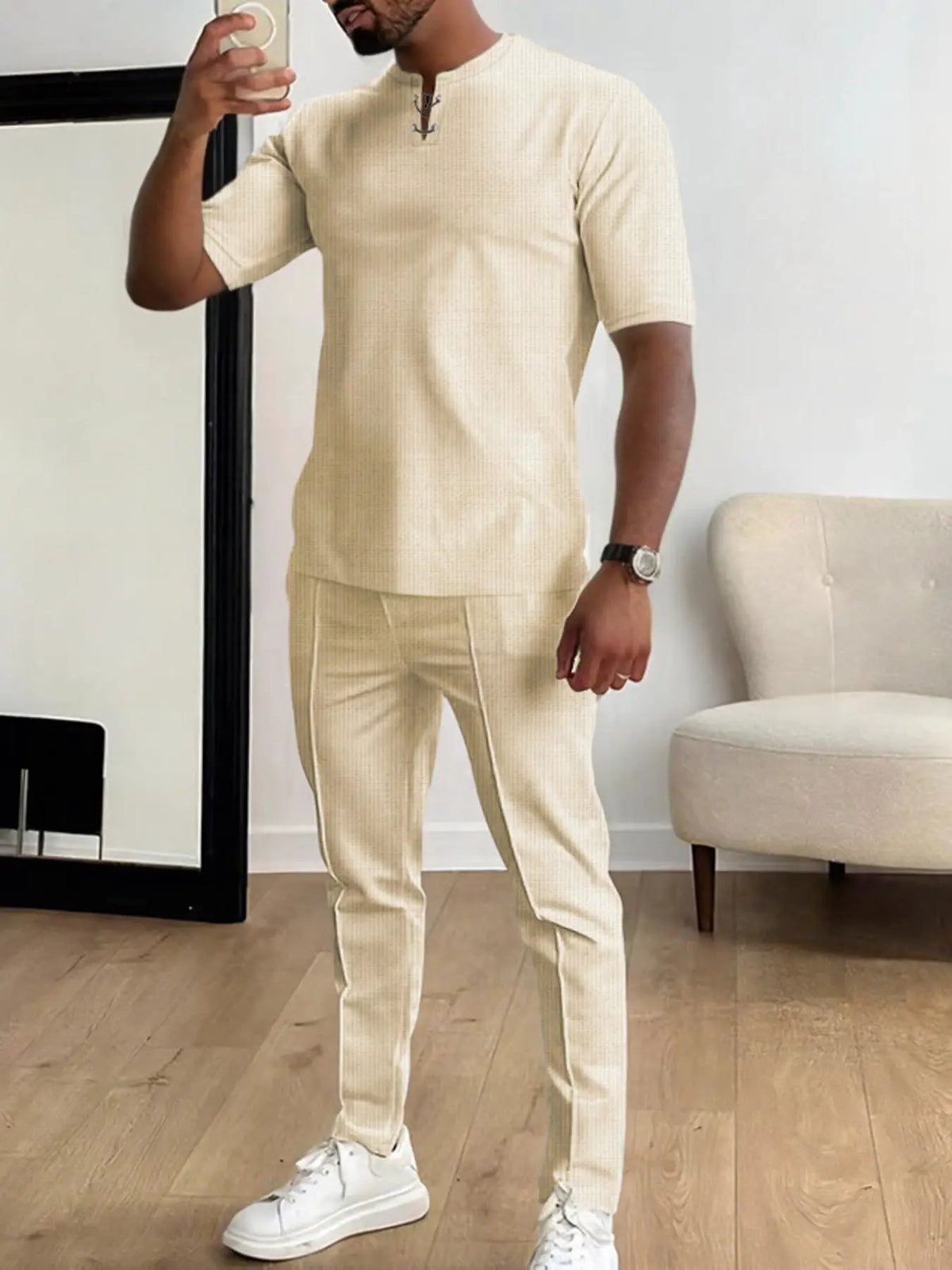 Mens casual beige knit two-piece top and pants set, plus size, by Trendsi.