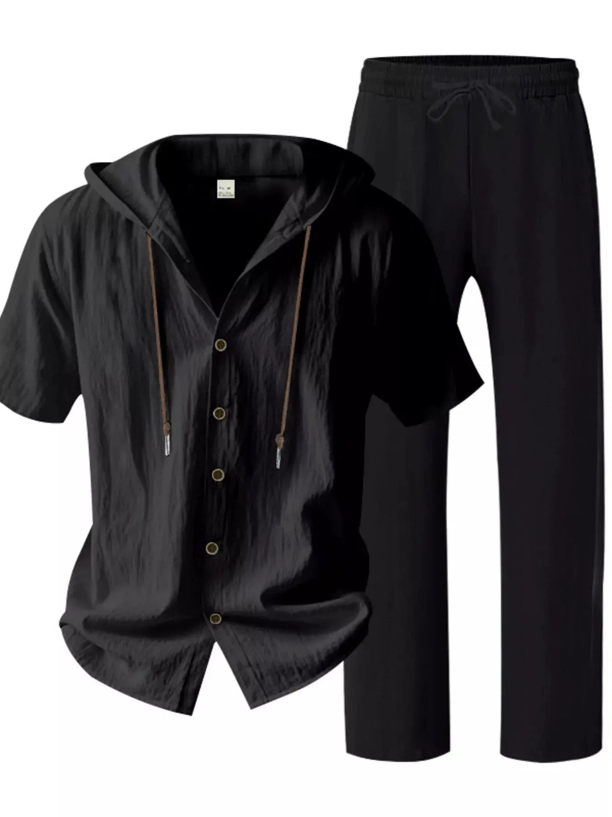 Mens breathable linen button-up hooded top and pants set, black, plus size, Trendsi