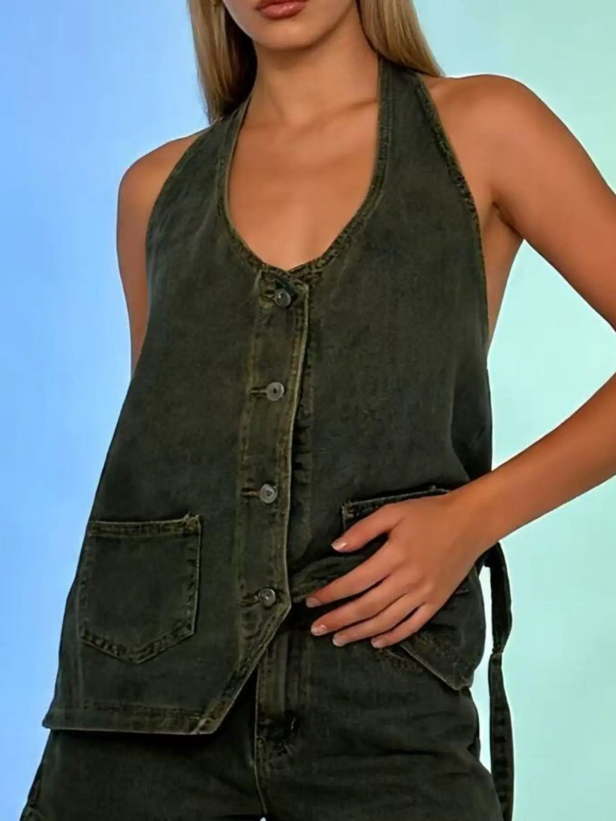 Denim halter-neck vest with button-front closure and adjustable tie, dark wash