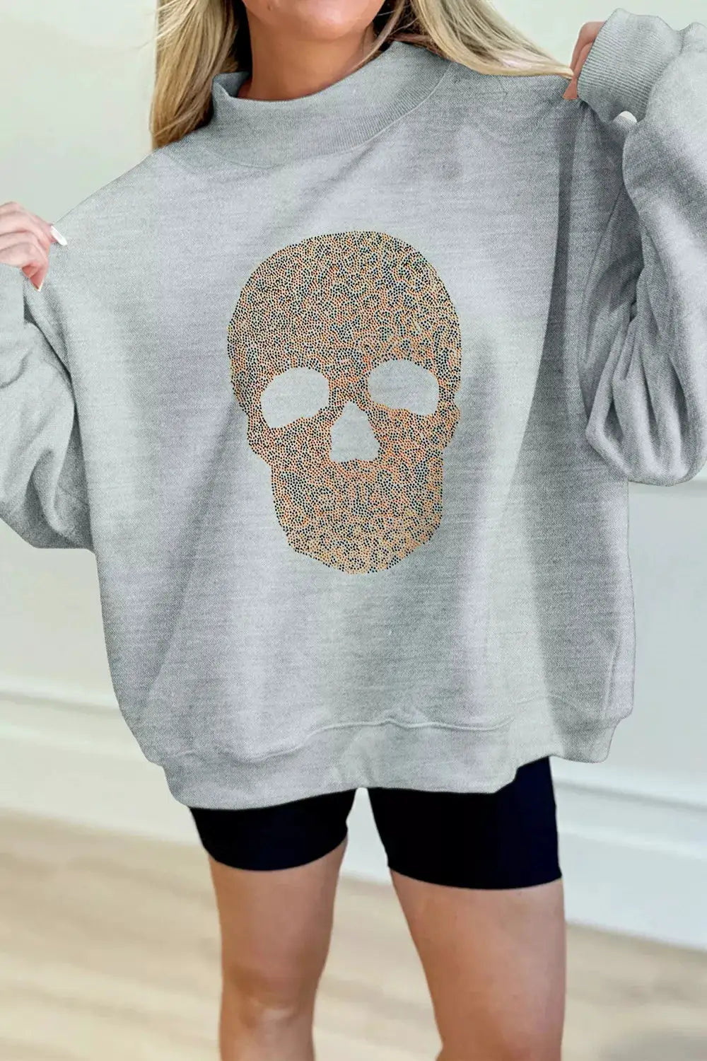 Halloween rhinestone skull graphic mock-neck baggy sweatshirt in gray