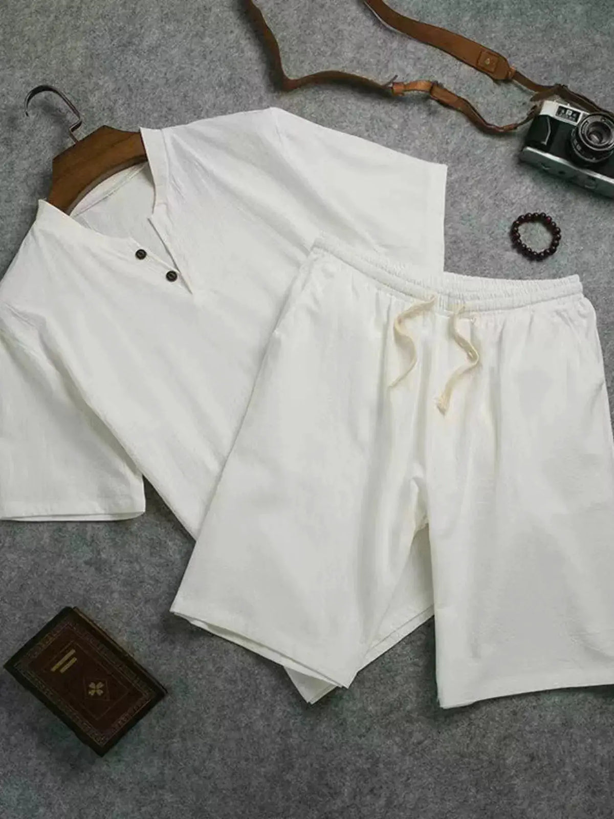Men’s white cotton short-sleeve top and matching drawstring shorts two-piece set, plus size