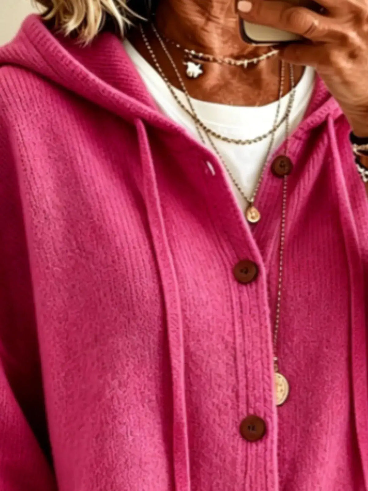 Full-Size Casual Hooded Button-Down Knit Cardigan in pink, by Trendsi.