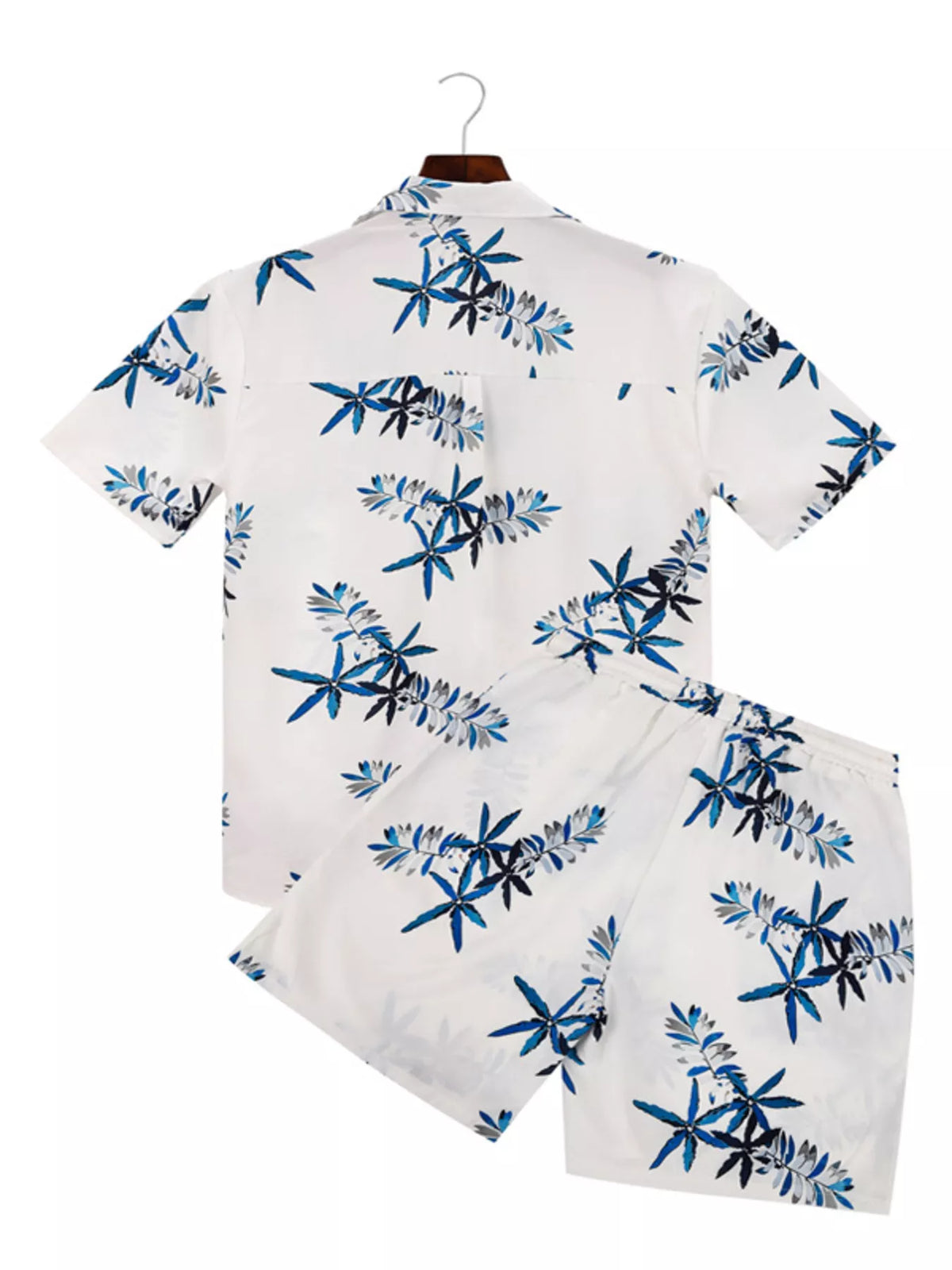 Trendsi men's plus-size tropical print short-sleeve shirt and shorts set; white with blue palm leaves