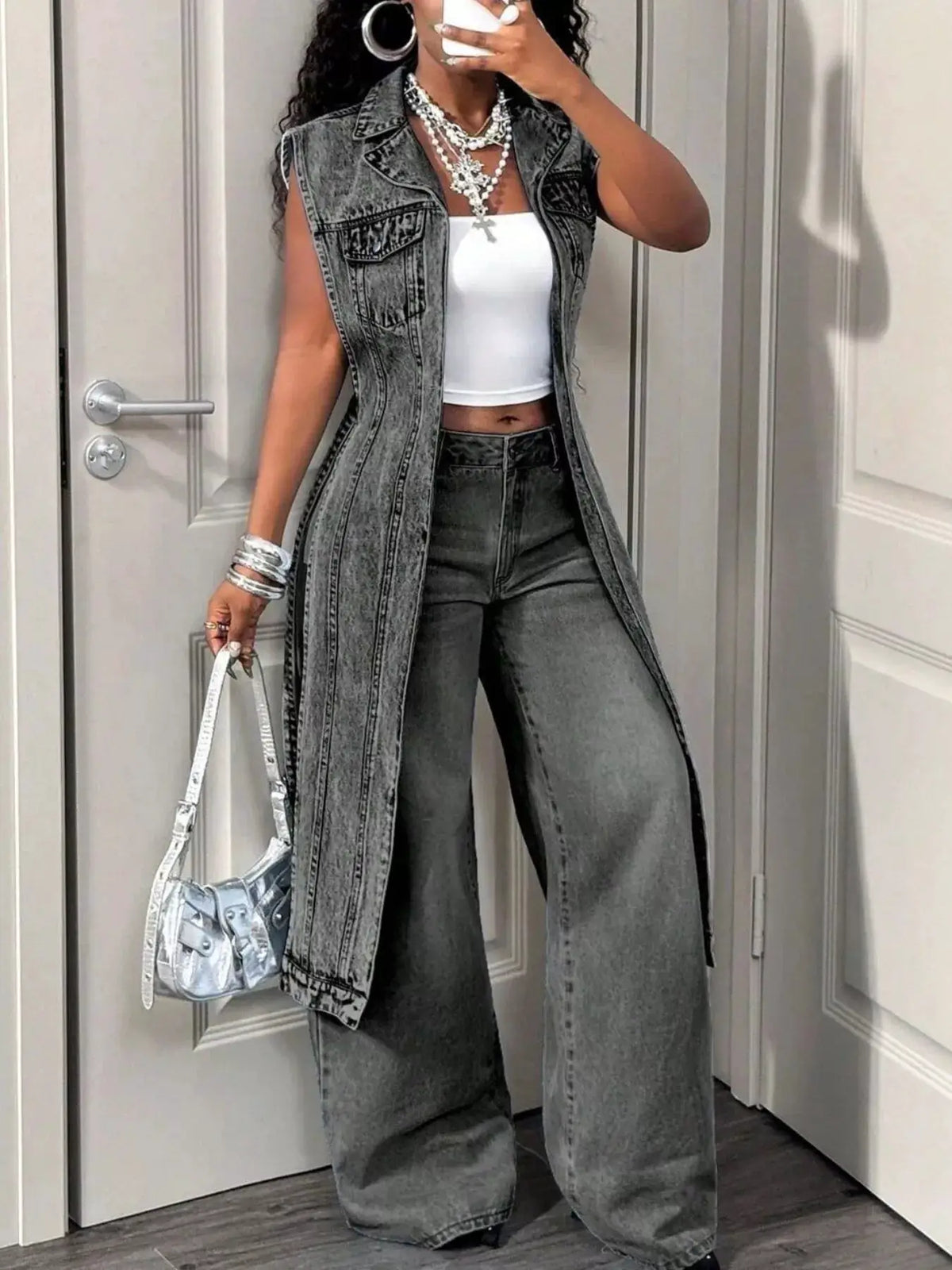 Open-front high-low grey vintage wash denim vest with pockets