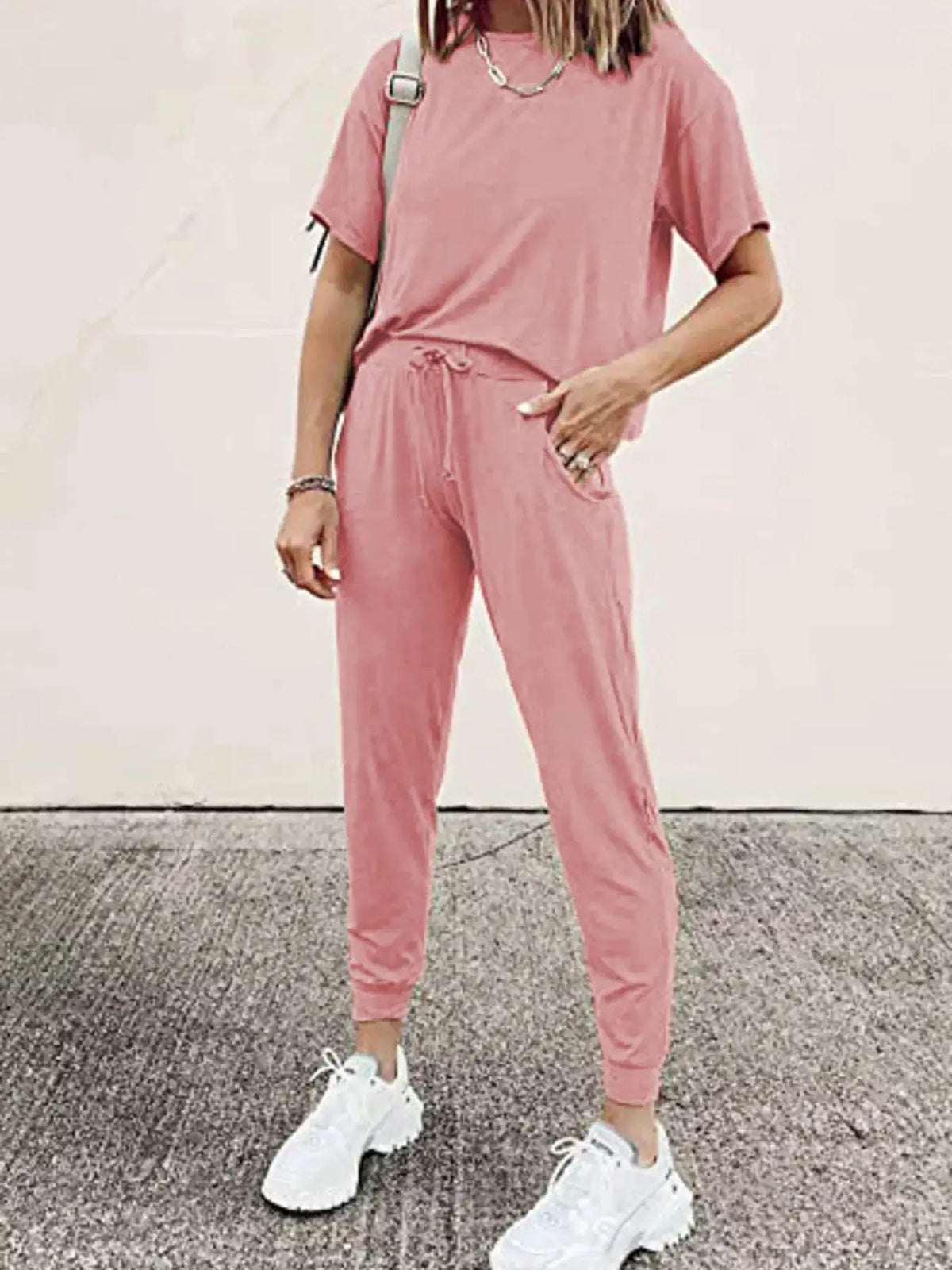 Trendsi full-size pink round-neck top and drawstring pants lounge set, plus size