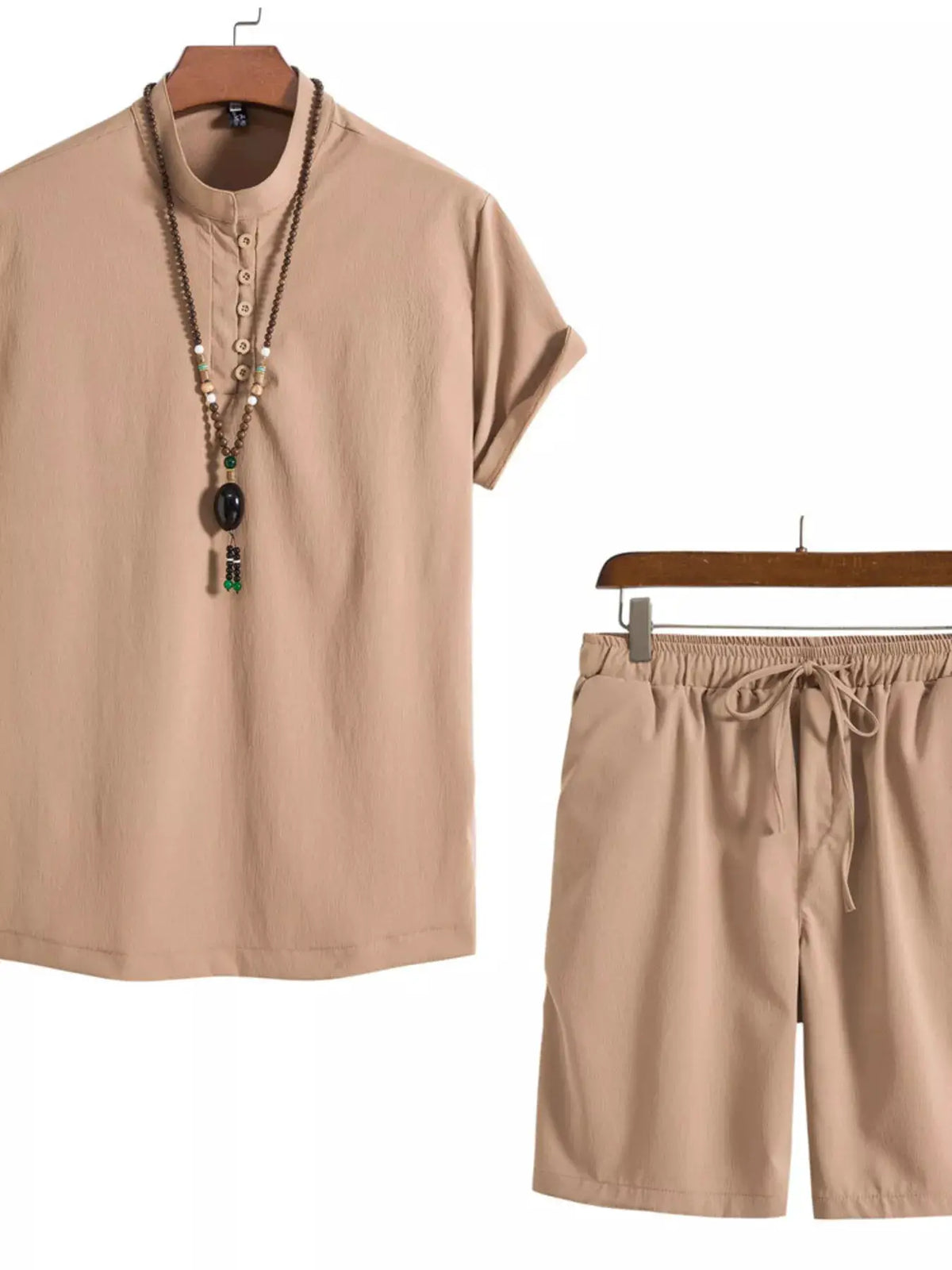 Men's Plus Size Mandarin Collar Short Sleeve Shirt and Shorts Set, beige two-piece by Trendsi