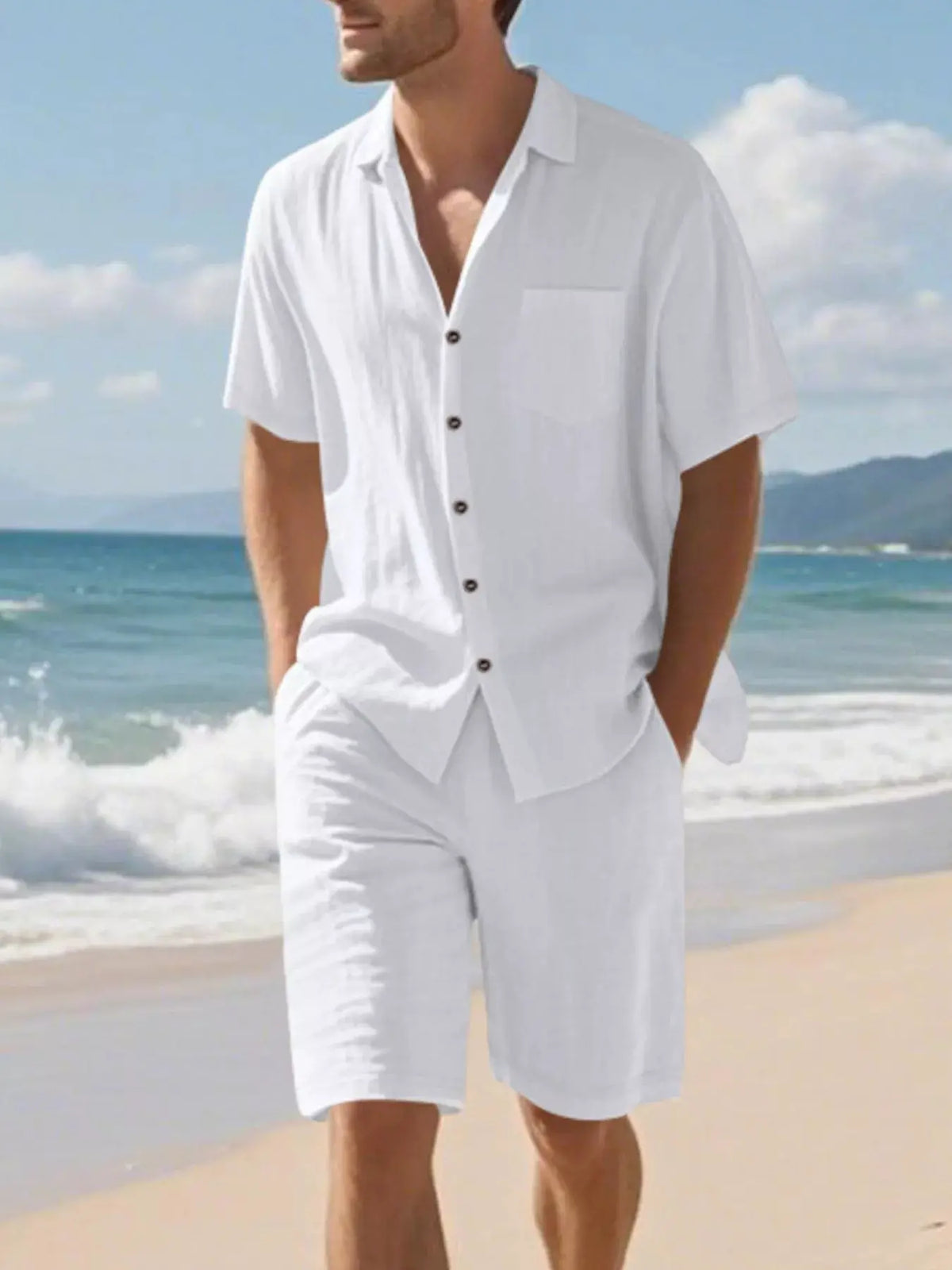 Mens plus-size casual shirt and shorts two-piece set in white by Trendsi on the beach