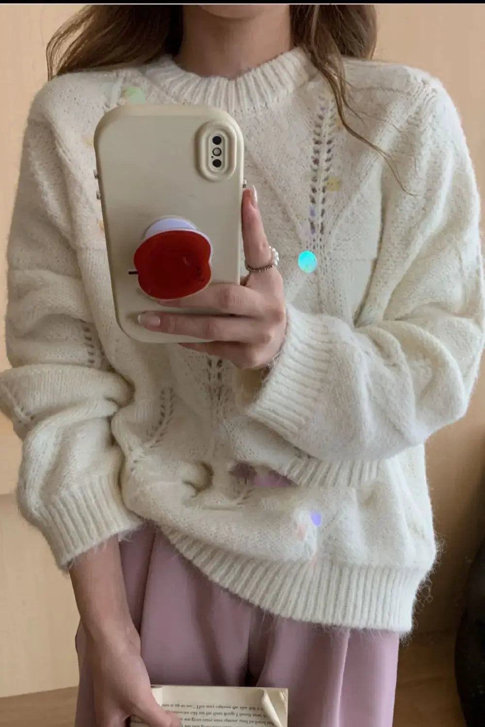 Shimmering sequin round-neck long-sleeve holiday sweater, white knit, Trendsi