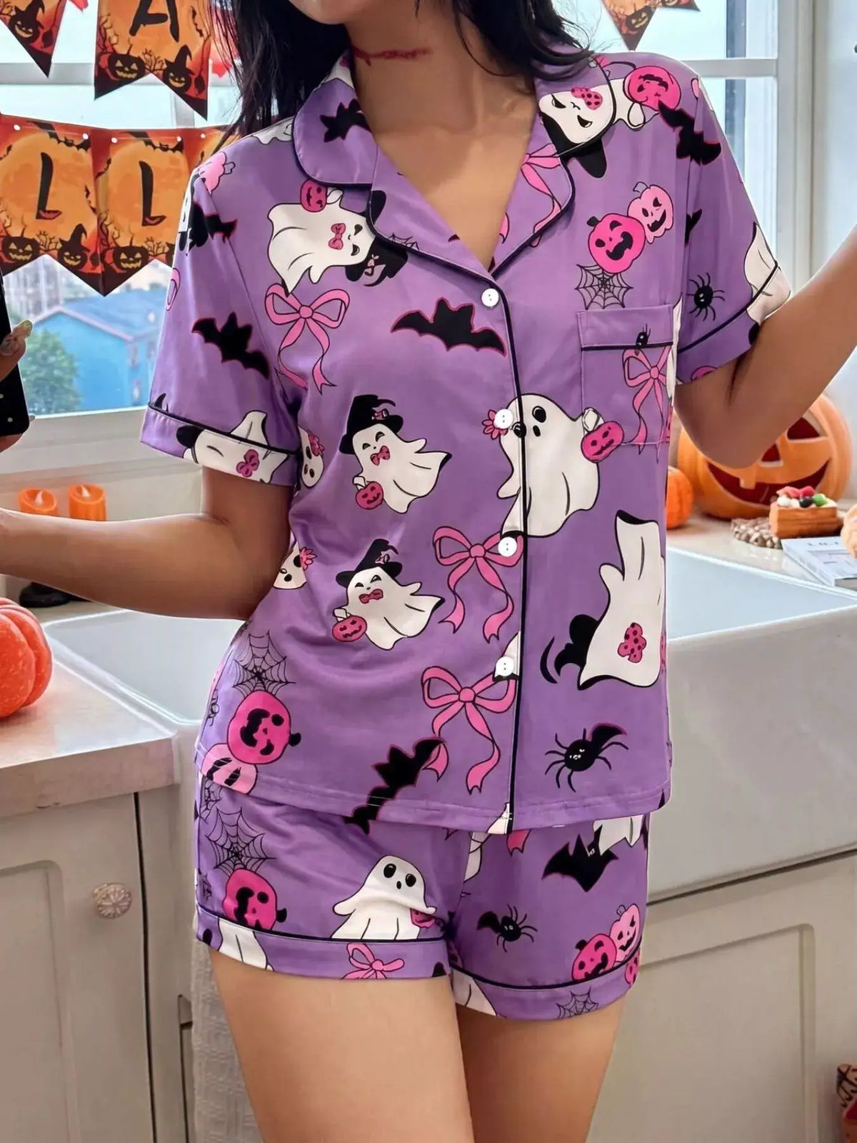 Halloween Ghost Print button-down top and shorts lounge set, Trendsi, purple with ghosts and bats